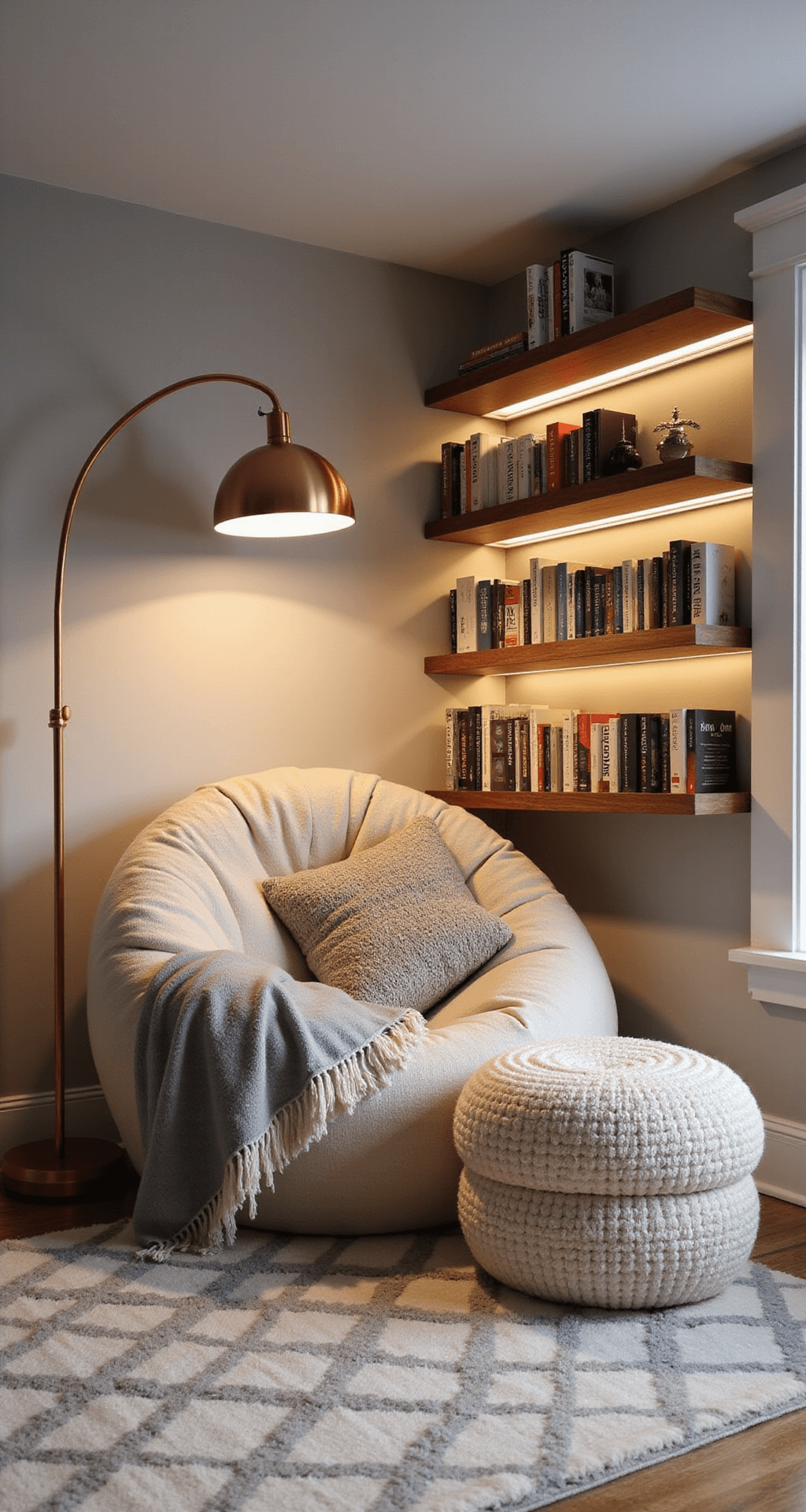 A cozy basement reading nook in an 8'x8' corner space featuring a faux fur bean bag, wool-wrapped ottoman, and waffle-weave blankets in cream and gray. A copper floor lamp arches overhead, illuminating floating walnut shelves lined with books. LED strip lighting casts a warm glow behind the shelves, with an ivory and gray deep pile Moroccan rug on the floor. Emphasis on the layers of texture with shallow depth of field.