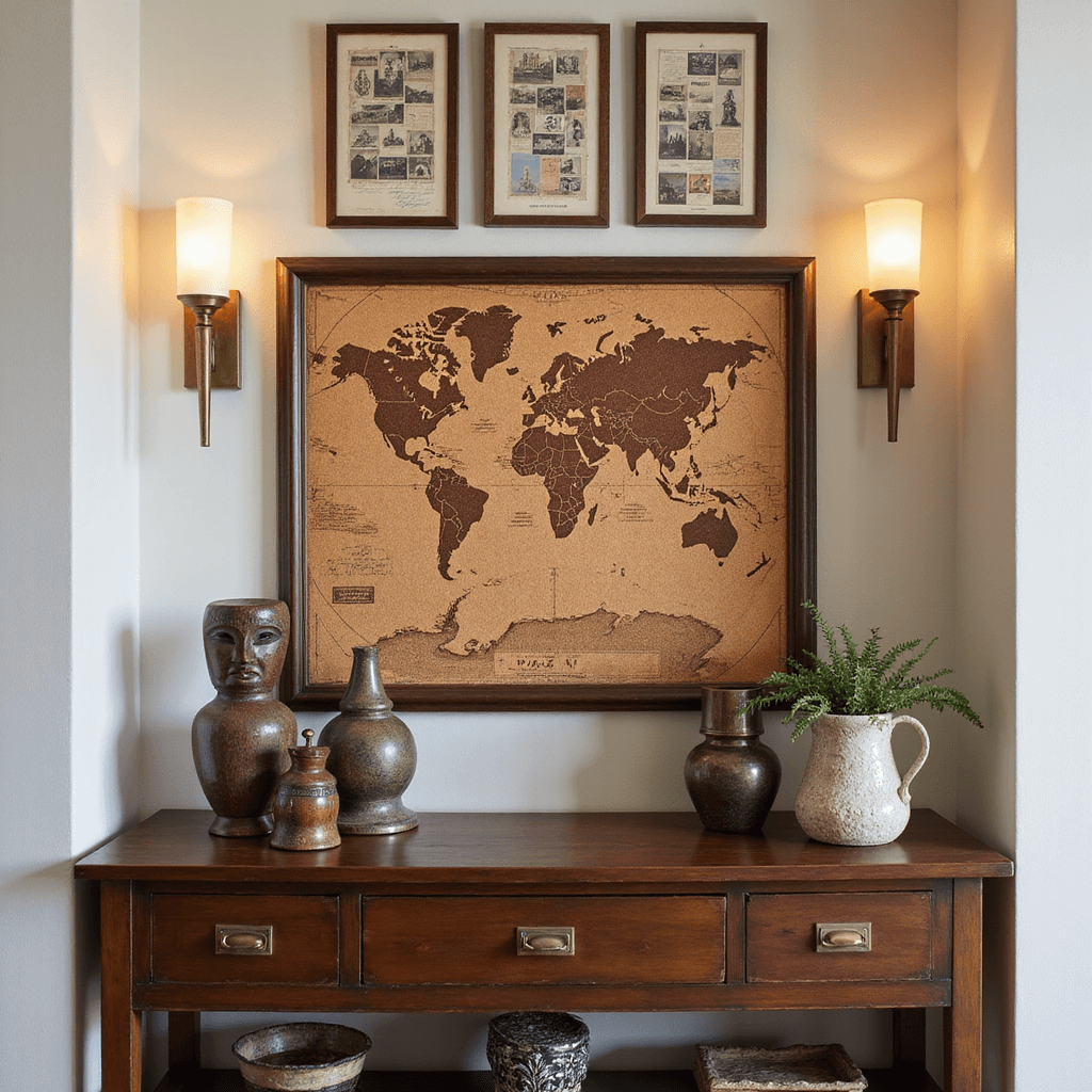 A compact entryway featuring an interactive cork map surrounded by antique brass sconces and styled with global artifacts, including carved wooden masks, ceramic vessels, and metal sculptures; a constellation of framed postcards hangs above, highlighted with a sophisticated palette of deep browns, aged brass, and cream tones.