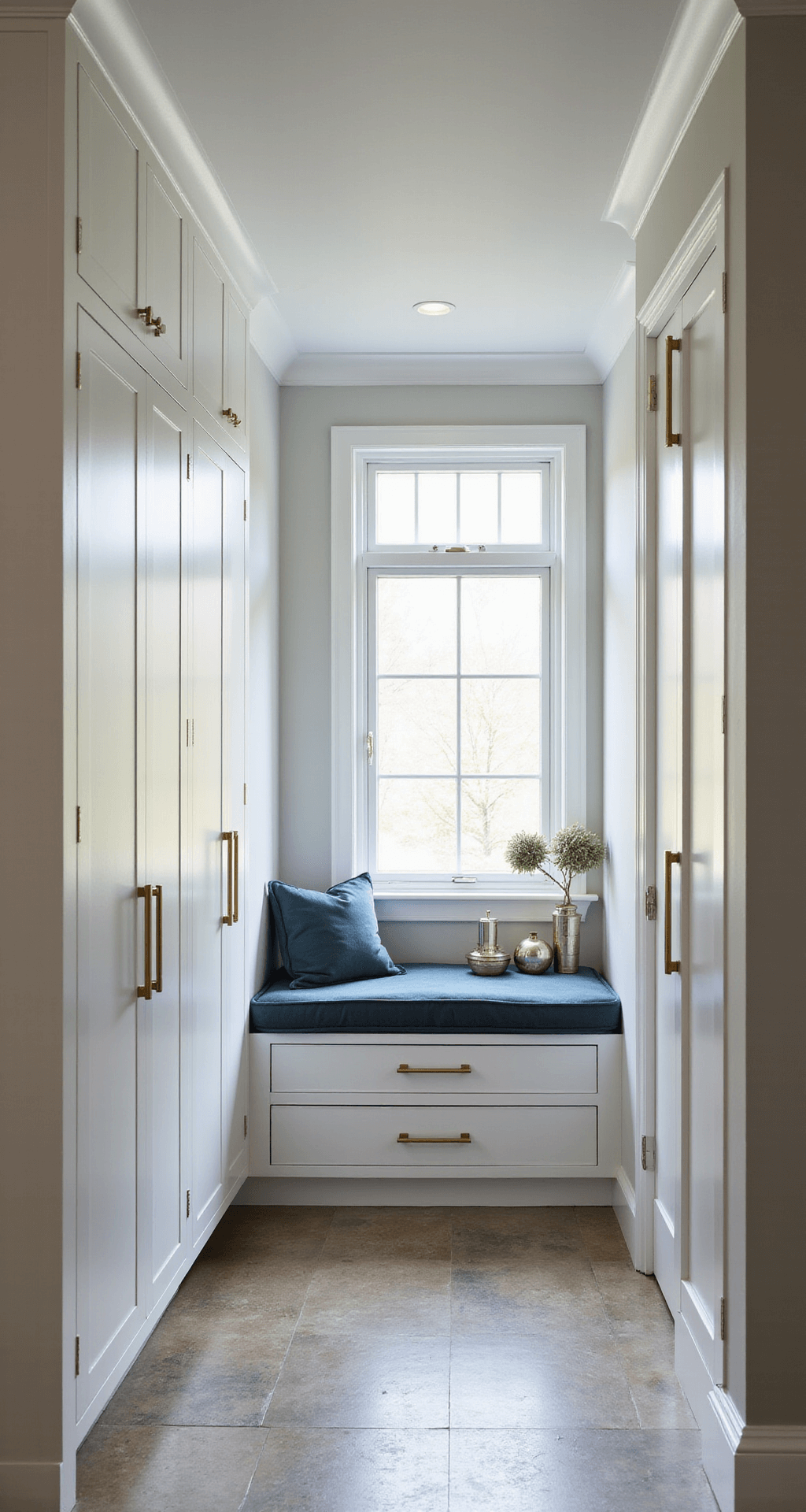 Wide-angle view of a modern basement storage solution with floor-to-ceiling white lacquered cabinets featuring brass hardware; includes a built-in window seat upholstered in slate blue velvet with hidden storage. Afternoon light highlights the room's minimal decor in metallic finishes, focusing on the architectural details.