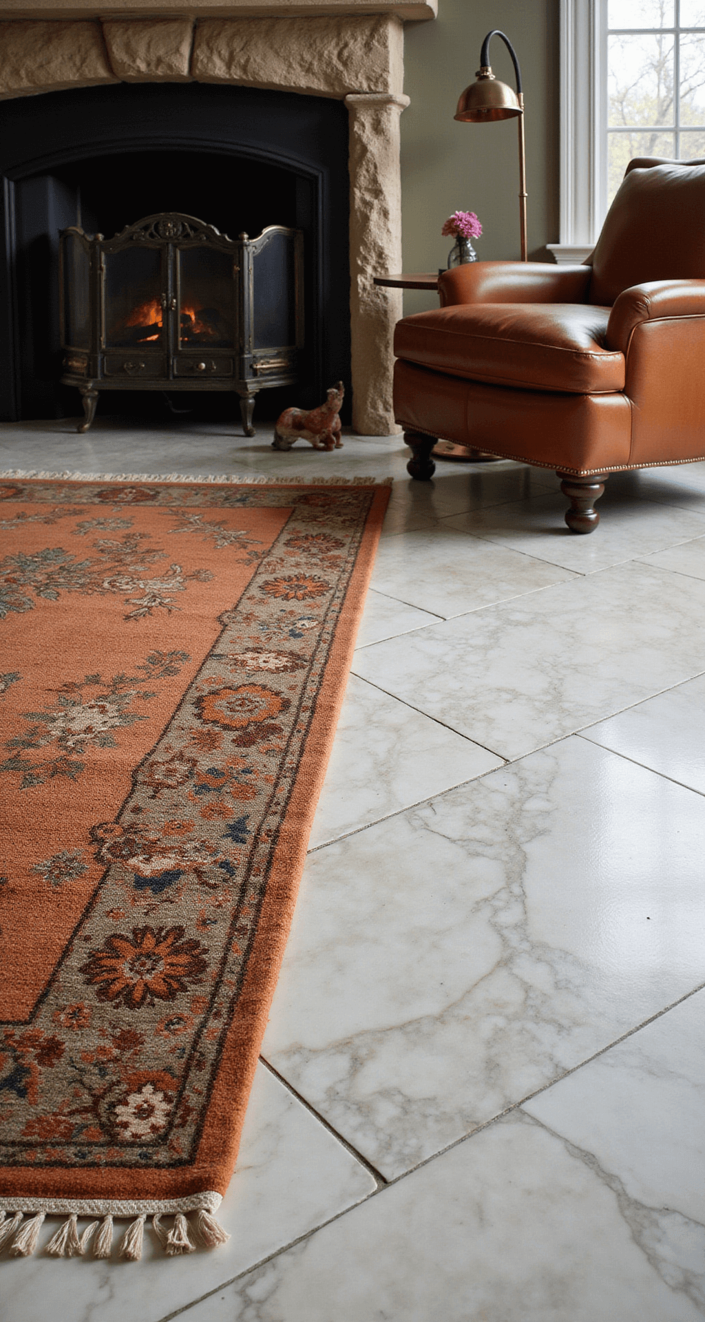 Luxurious basement with heated marble herringbone floor, vintage terracotta wool rug, stone-surround electric fireplace, leather armchair, brass side table, and morning light highlighting textures.