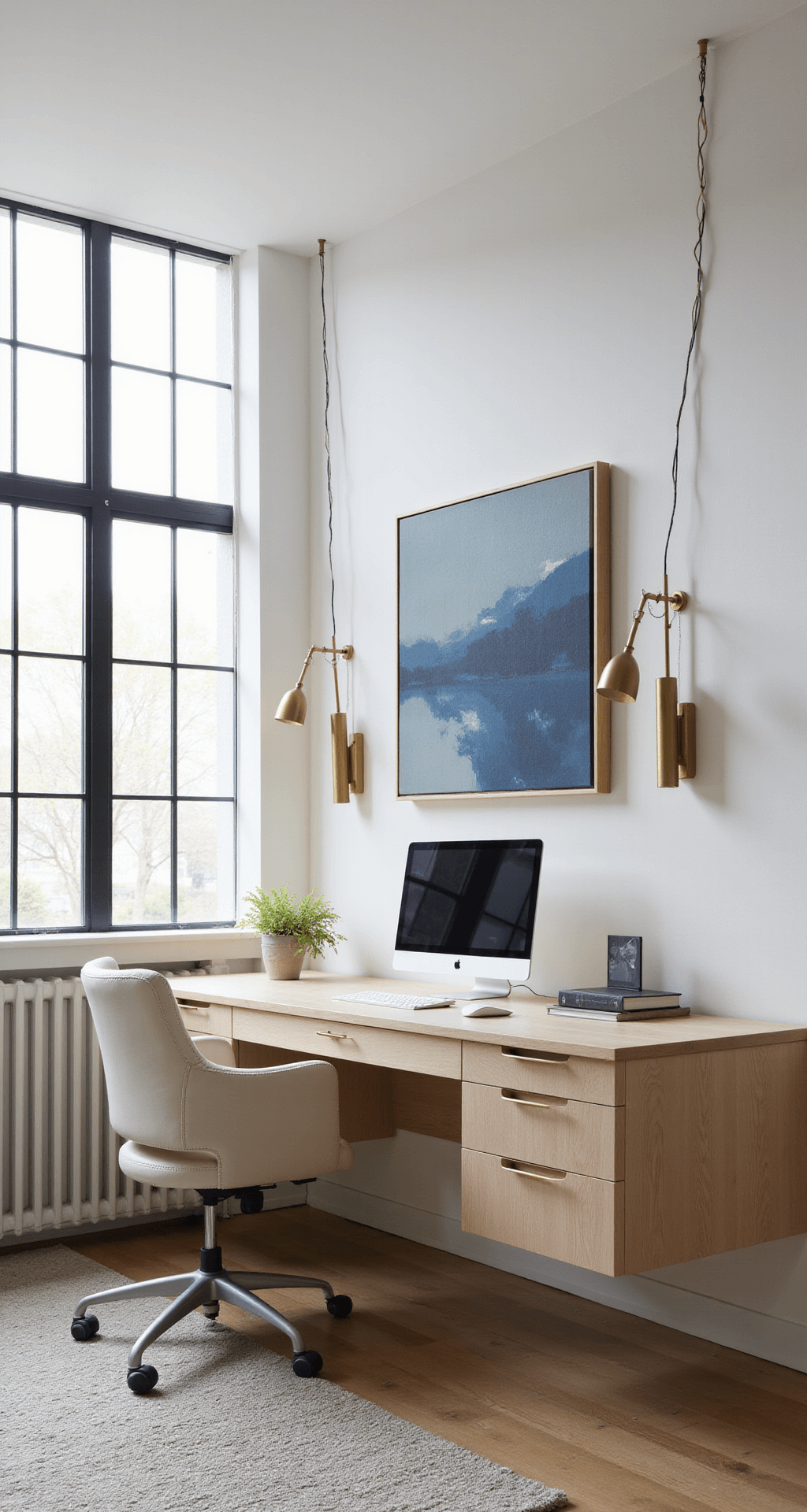 Contemporary basement workspace with a floating bleached oak desk and cream bouclé ergonomic chair, illuminated by wall-mounted brass sconces. Abstract artwork in blues and grays adorns the wall, with elegant cable management visible. Afternoon light streams in from high windows.
