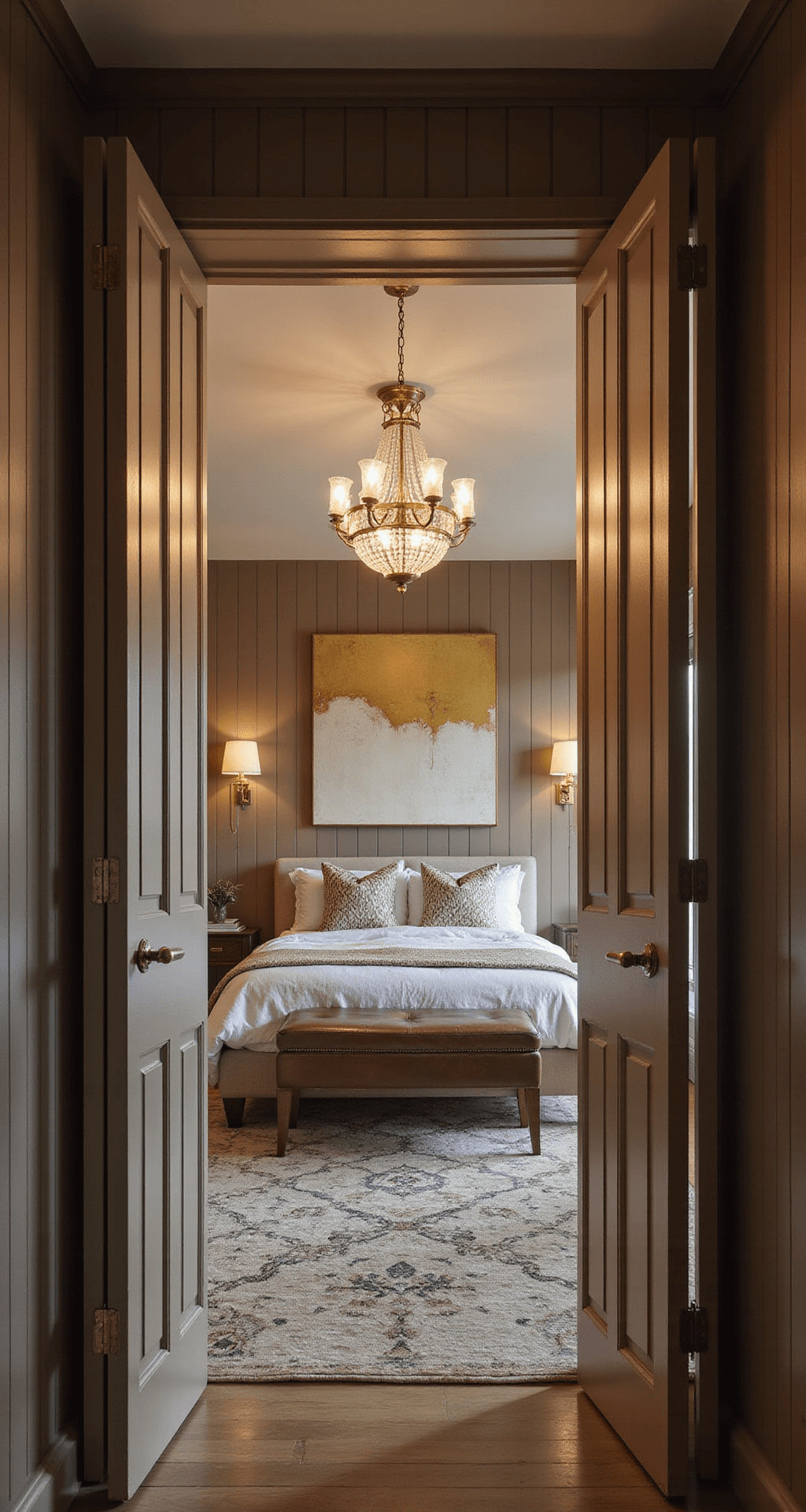 View through doorway of a basement bedroom with vertical shiplap walls in greige, oversized gold and white abstract canvas, antique brass chandelier, geometric pattern runner rug, and moody evening lighting.