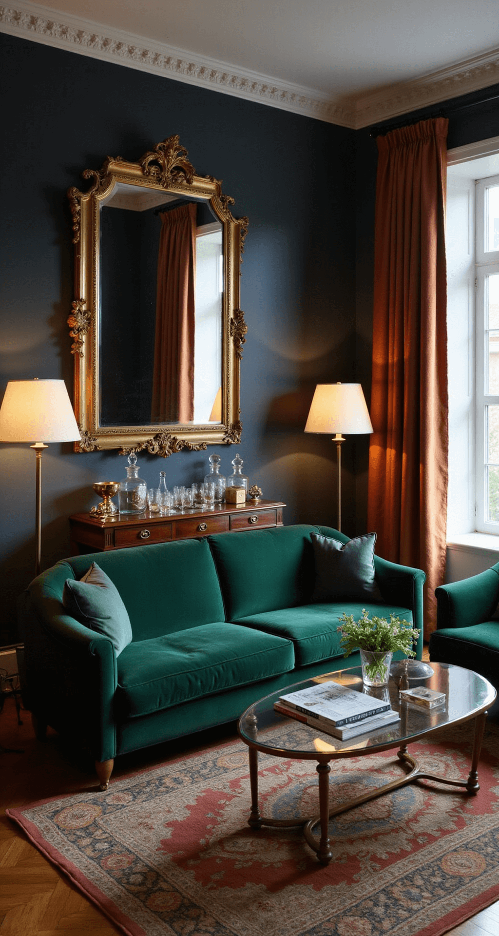 Elevated view of a sitting room with emerald velvet sofas, antique coffee table, Art Deco lamps, charcoal walls, gilt mirror, vintage rugs, bar cart with crystal decanters, and silk draperies on hardwood floors.
