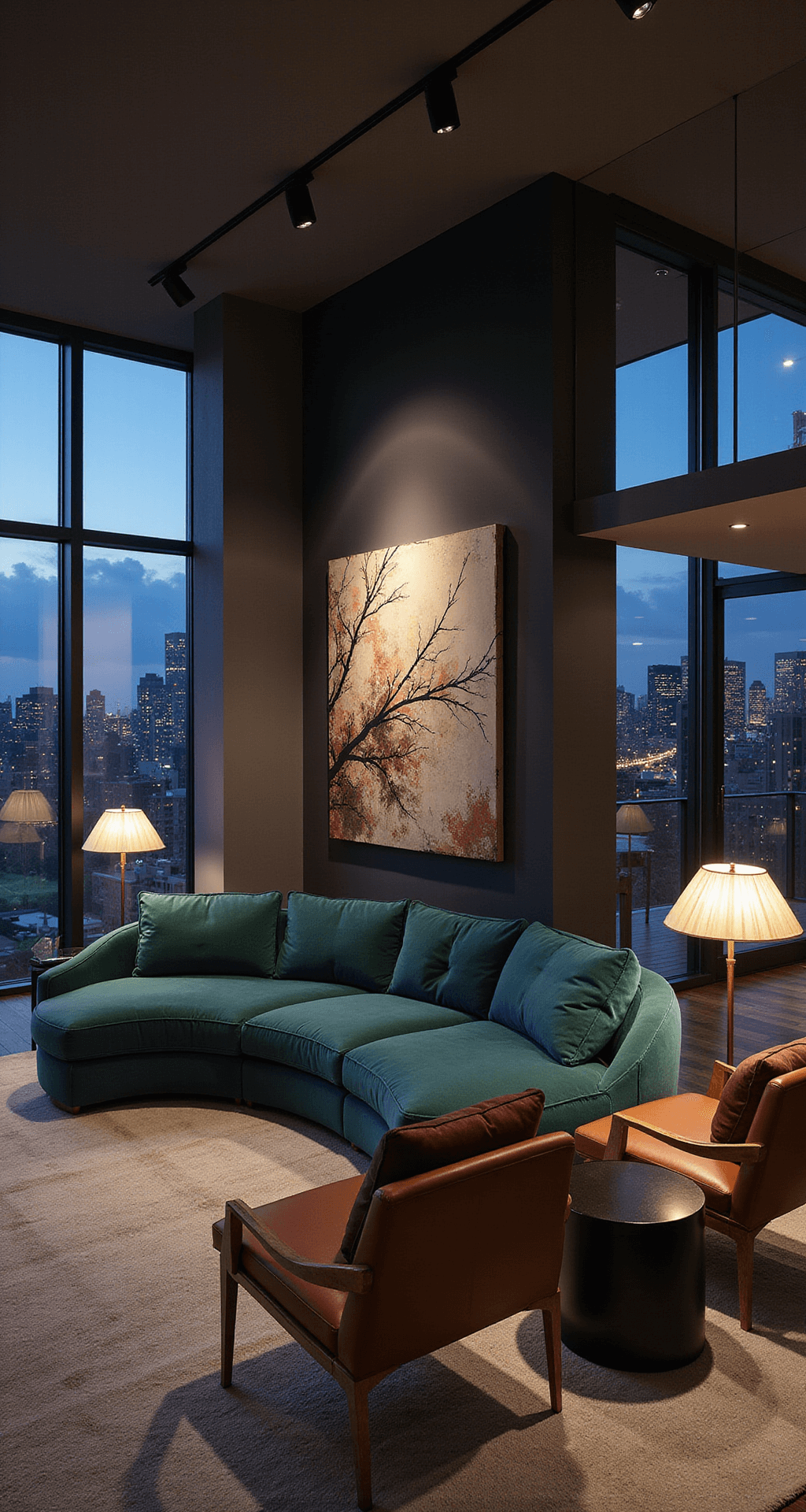A sophisticated living room at dusk with a curved teal velvet sofa and brass-framed leather chairs, framed by floor-to-ceiling windows displaying city lights. A large abstract art piece adorns one wall. The scene is captured from a low angle, highlighting the ceiling height and moody lighting from paper lanterns and LED strips. Colors include deep teal, camel leather, brushed brass, and burgundy accents.