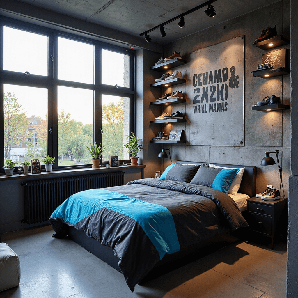 A contemporary bedroom with floor-to-ceiling windows, displaying a sneaker collection on industrial shelving. The room features a concrete-effect wall, platform bed with charcoal and electric blue bedding, motivational murals, and basketball memorabilia on floating shelves. Chrome and black accents, including track lighting, enhance the urban feel. LED strips add a blue ambient glow.