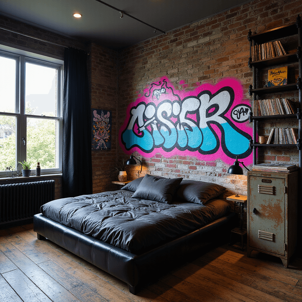 A 12x14ft bedroom features a vibrant graffiti mural in neon pink, electric blue, and metallic silver on the main wall. Morning light filters through black curtains, casting a moody urban vibe over the black leather platform bed on distressed wooden flooring. Industrial pipe shelving holds vinyl records and street art, while a vintage metal locker serves as a wardrobe. The low-angle shot highlights the mural and ceiling height.