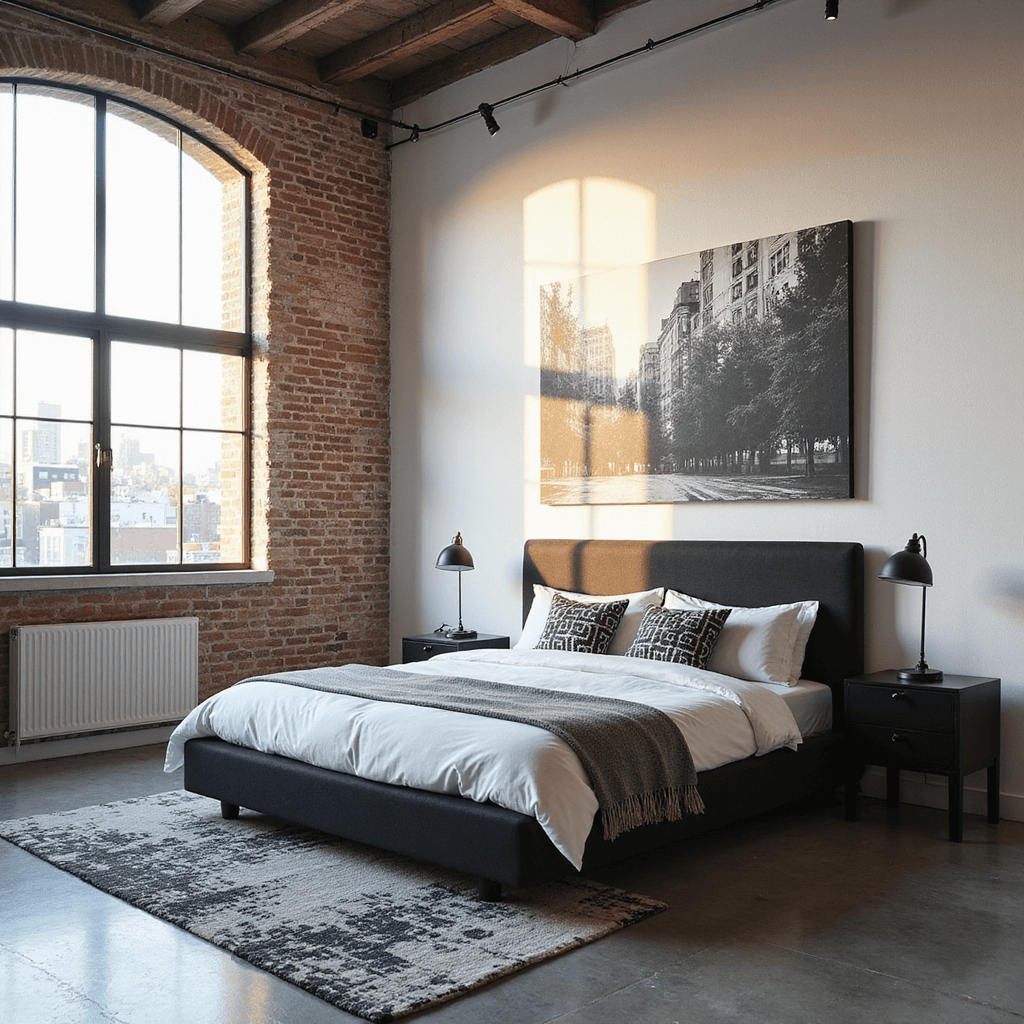Minimalist bedroom featuring high ceilings, whitewashed exposed brick, large windows, black platform bed with white linens, grayscale throw pillows, street photography canvas, concrete floors, and an abstract area rug.