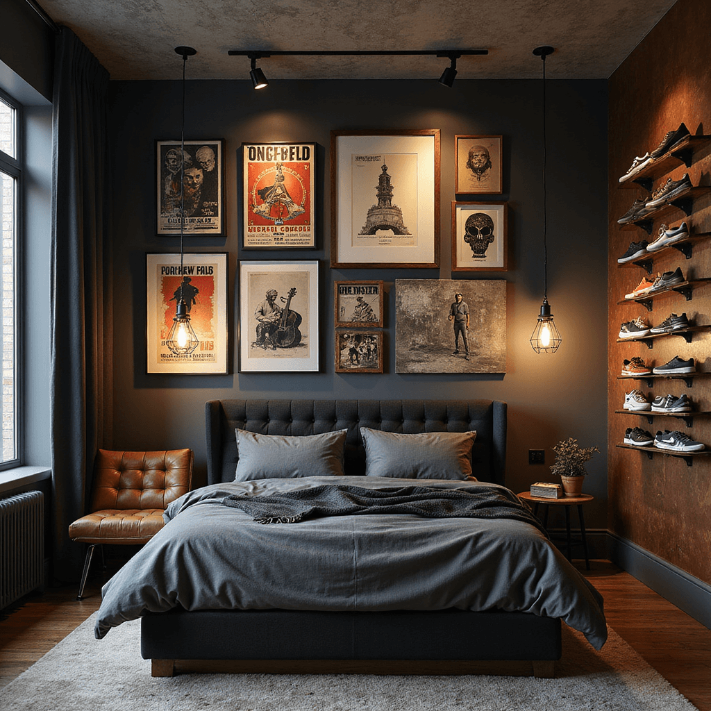 A 14x16ft bedroom adorned with a gallery wall of vintage concert posters and street art in an asymmetric layout, illuminated by industrial cage pendant lamps. The room features a distressed leather chair, a raw steel side table, a custom sneaker wall with LED spotlights, charcoal walls with an oxidized copper accent wall, and a low platform bed with a black denim headboard. Shot at a 45-degree angle for dramatic effect with f/2.0 depth of field.