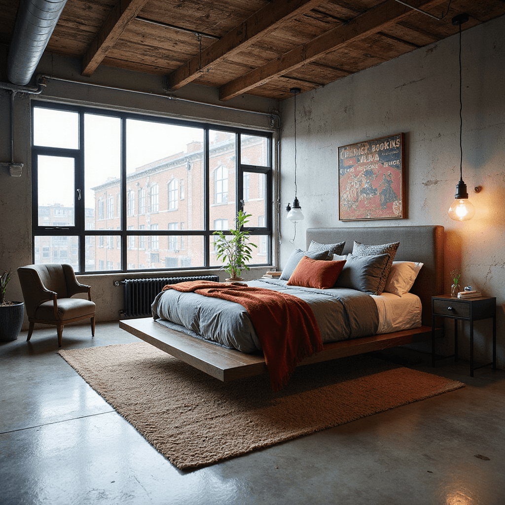 A spacious warehouse loft bedroom with high ceilings and large industrial windows, featuring a floating king platform bed on polished concrete floors with gray bedding and a bold red throw. The room includes a custom metal divider for an office nook, vintage metal signs, and urban art on the walls. The photo captures natural and warm light from an elevated angle, emphasizing the room's scale and architectural details.