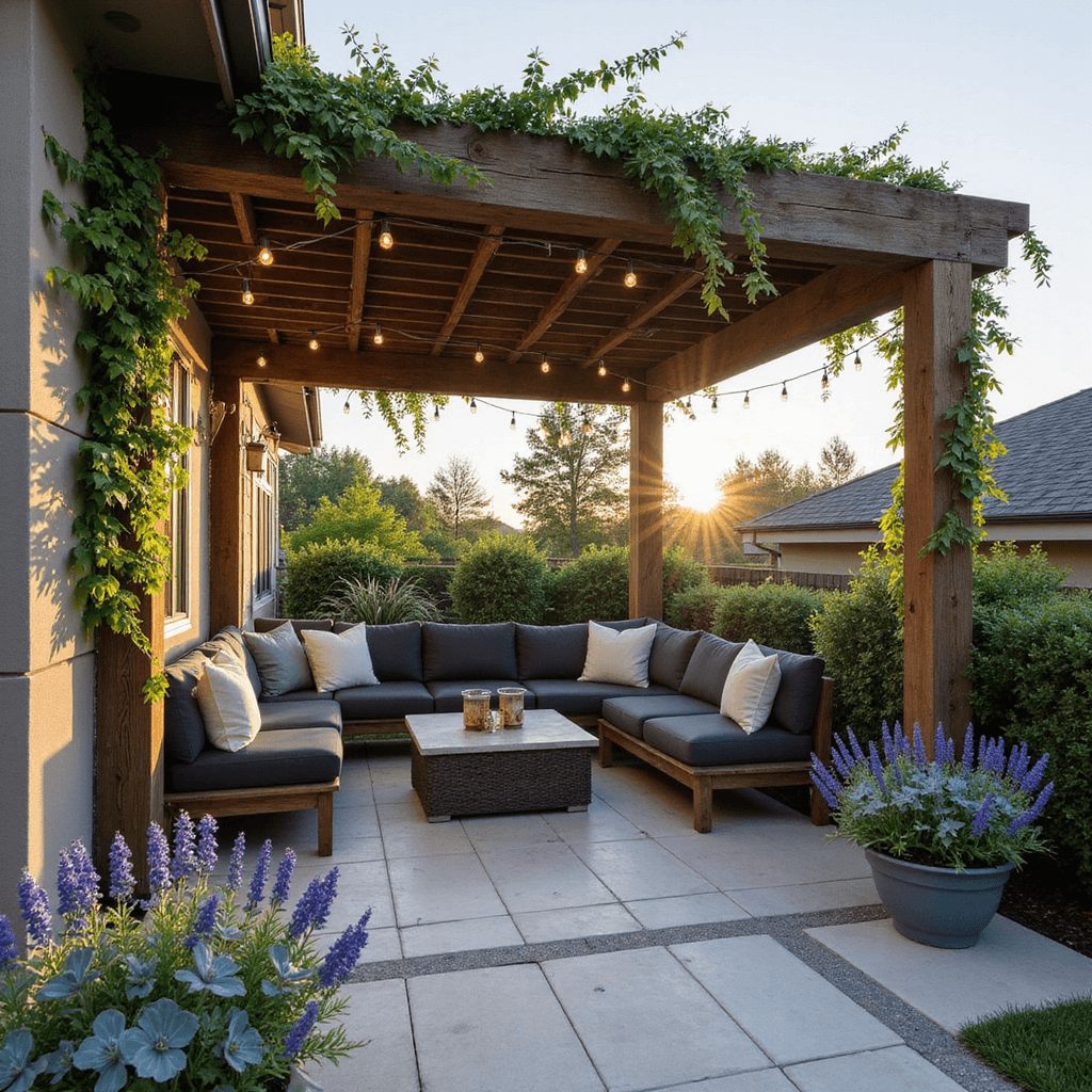 Low-angle view of a pergola-covered patio at golden hour, with weathered cedar beams casting shadows on travertine pavers. A contemporary sectional with charcoal cushions, ivory and sage pillows sits beneath climbing jasmine and copper string lights. Succulents and lantana in containers add color to the scene.