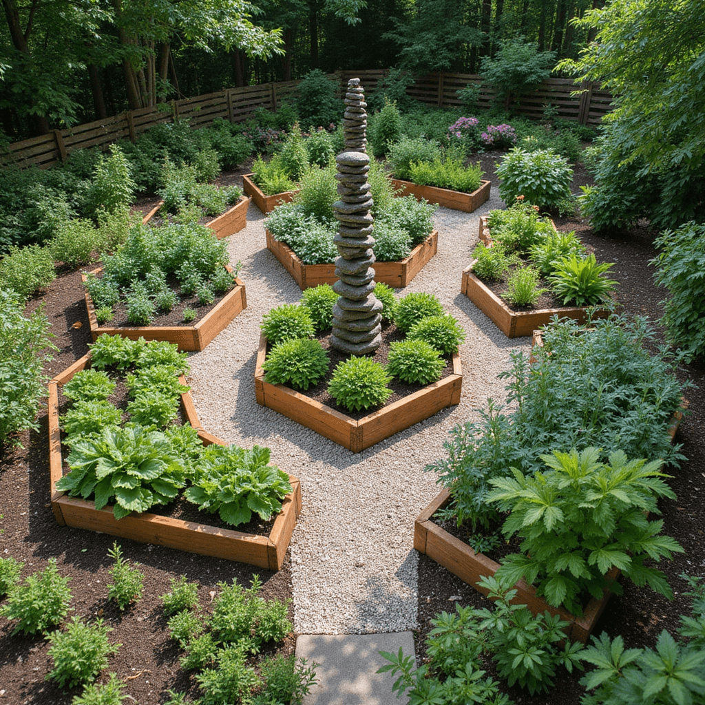 Aerial view of a 30x40ft raised bed garden at morning light, with cedar boxes in a honeycomb pattern, vibrant vegetables and herbs, crushed granite paths, vertical growing systems with tomatoes and peas, and a central herb spiral made of stacked slate. Dew drops glisten in natural light.