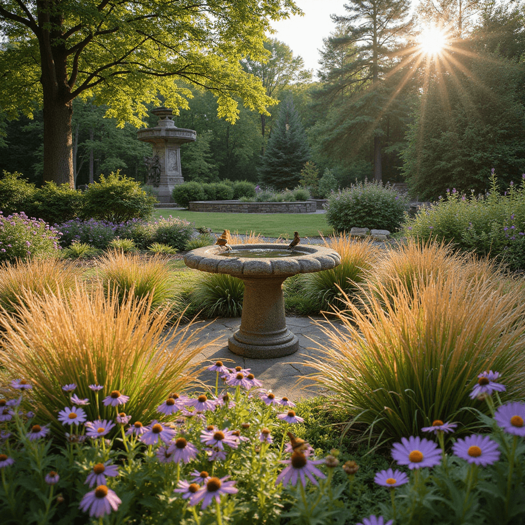 A 25x25ft native wildlife garden in late afternoon light featuring copper and gold grasses, purple coneflowers, black-eyed susans, tiered shrubs, and small trees. A stone birdbath glows as the focal point with butterflies and birds fluttering around, creating a dreamy atmosphere with a shallow depth of field.