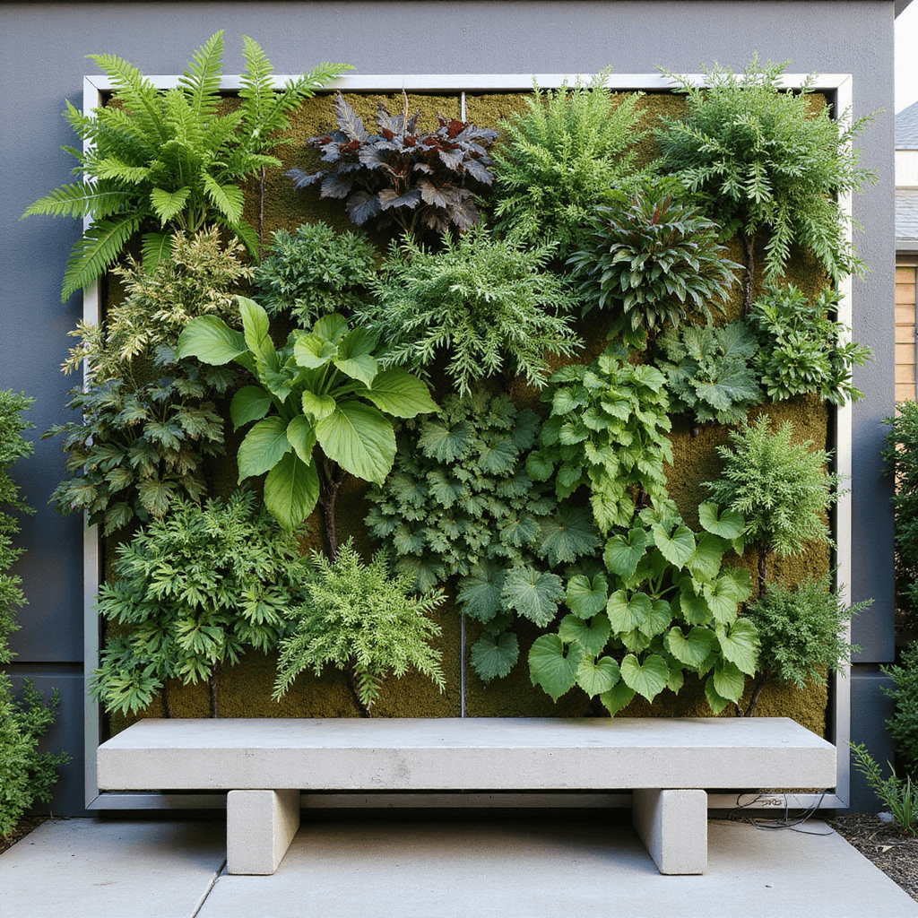 A 15ft tall vertical garden wall with aluminum framework featuring ferns, flowering vines, and vegetables, set against a concrete bench, highlighted in cool morning light with visible drip irrigation and moss patches.
