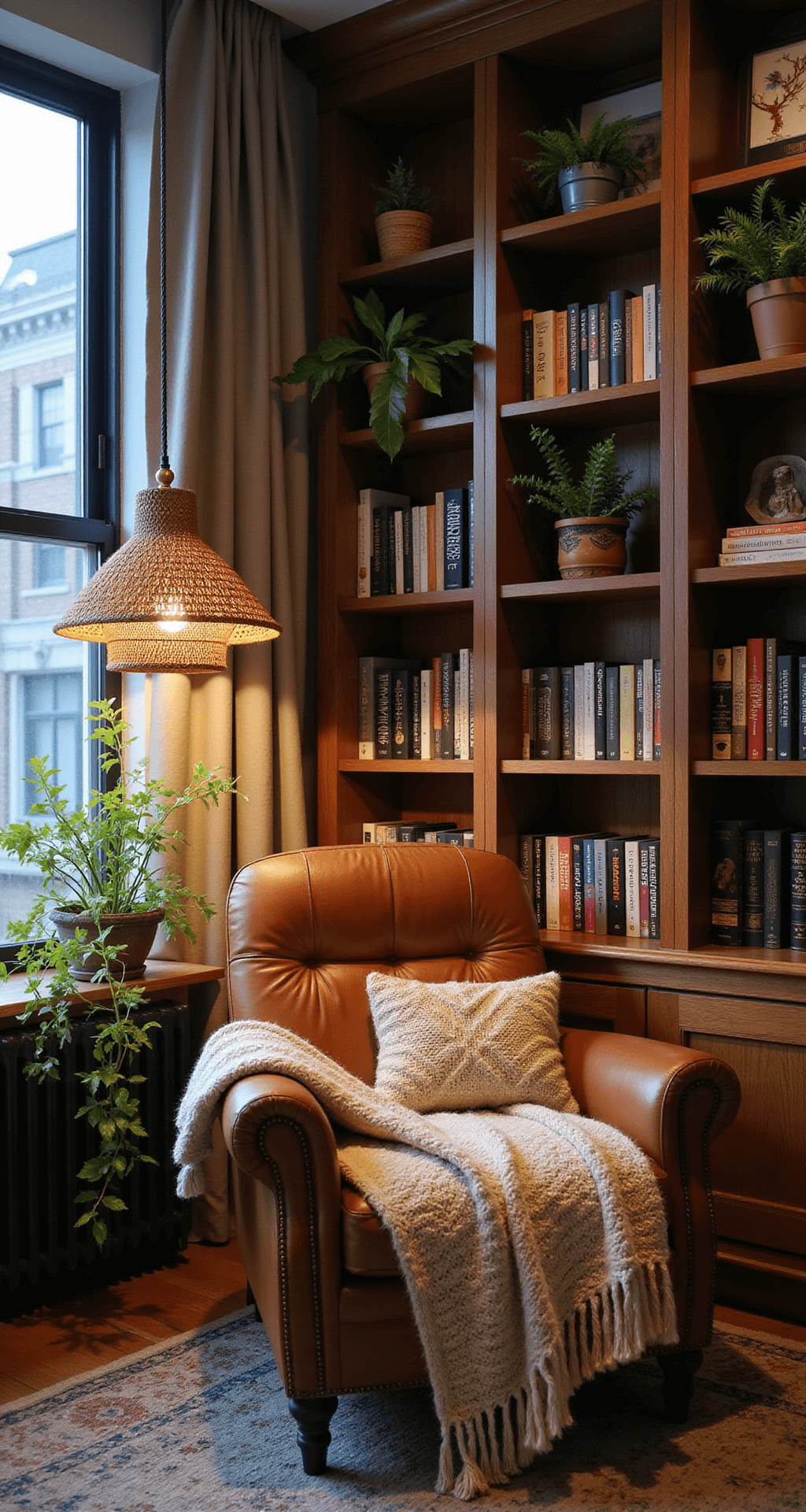 Cozy reading corner during blue hour with a mid-century leather lounge chair, jute pendant lamp, walnut bookshelves, chunky knit throw, embroidered pillows, macramé plant hangers, and soft diffused lighting in rich browns, creamy whites, forest green, and rust.