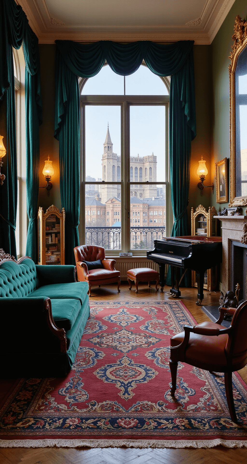 A luxurious drawing room at twilight, featuring arched windows with emerald velvet drapes, Victorian furniture including a burgundy velvet fainting couch, leather club chairs, and ornate mirrors. A grand piano and layered Persian rugs complement the space.