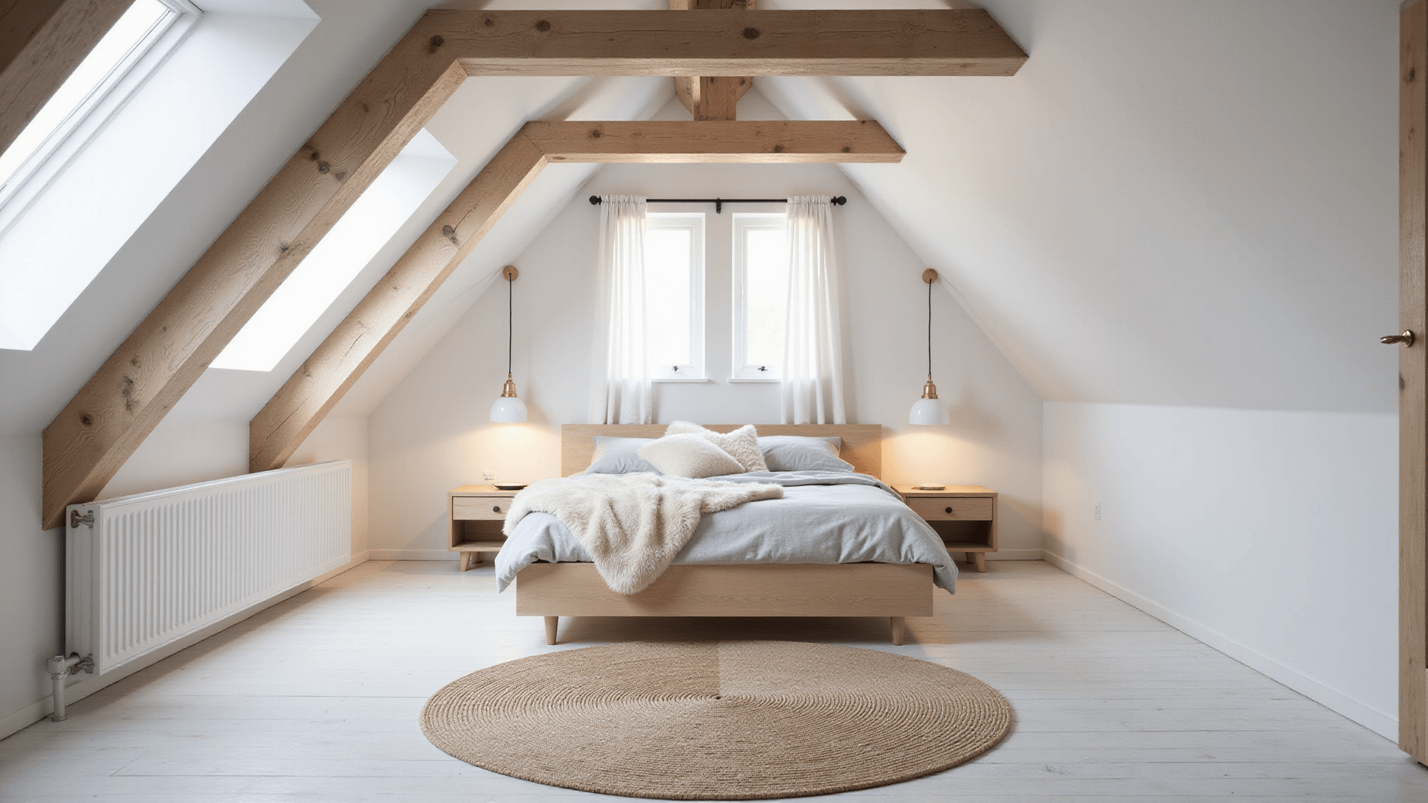 Photorealistic interior of a serene Scandinavian attic bedroom at dawn, featuring sloped white walls, natural wood beams, a custom bed nook with gray linen bedding, minimal nightstands, globe pendant lights, sheer curtains, and a jute rug, all bathed in soft golden light.