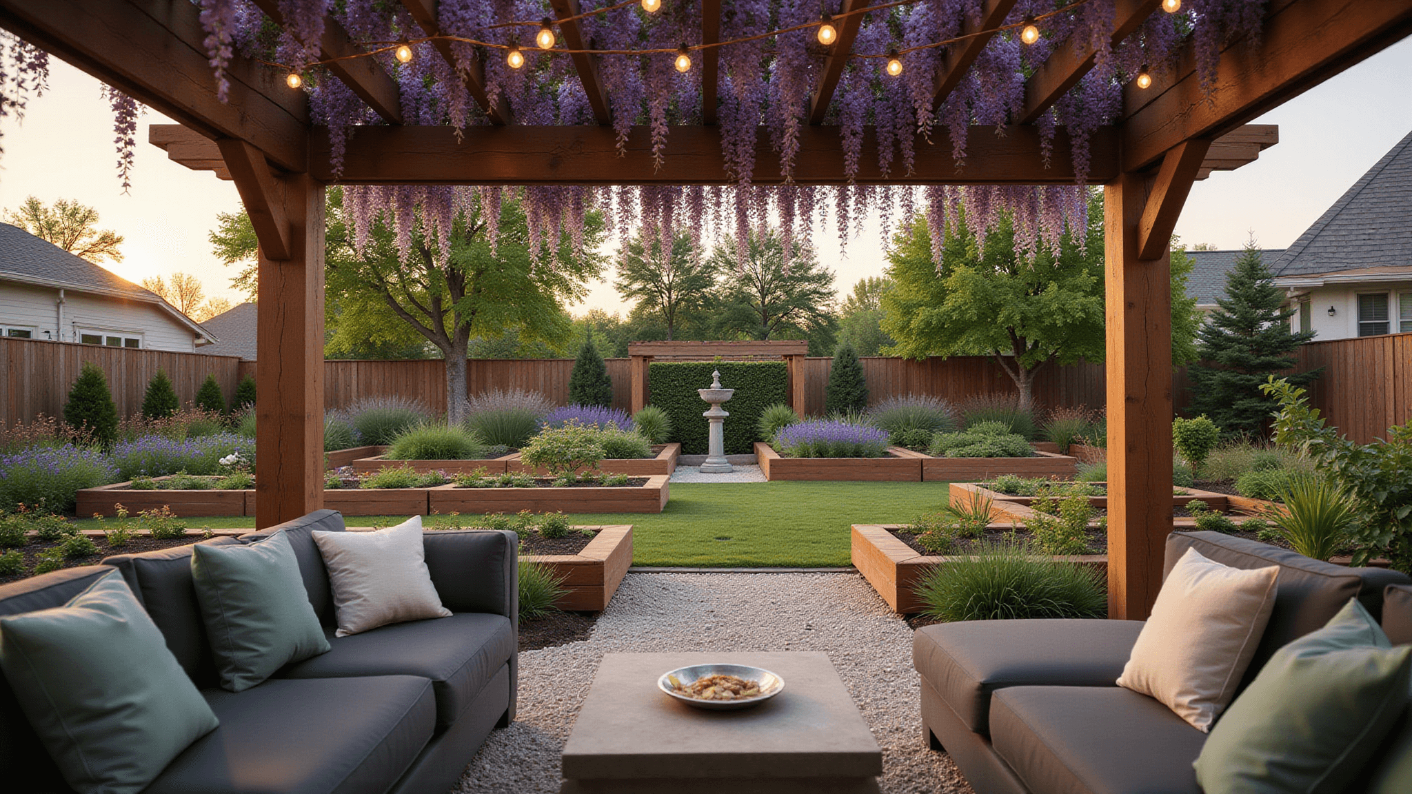 A photorealistic image of a suburban backyard at golden hour, featuring a cedar pergola with wisteria and string lights, modern outdoor seating, raised garden beds, a native garden, a vertical garden wall, and a stone birdbath, all captured in high detail with a cinematic lighting effect.