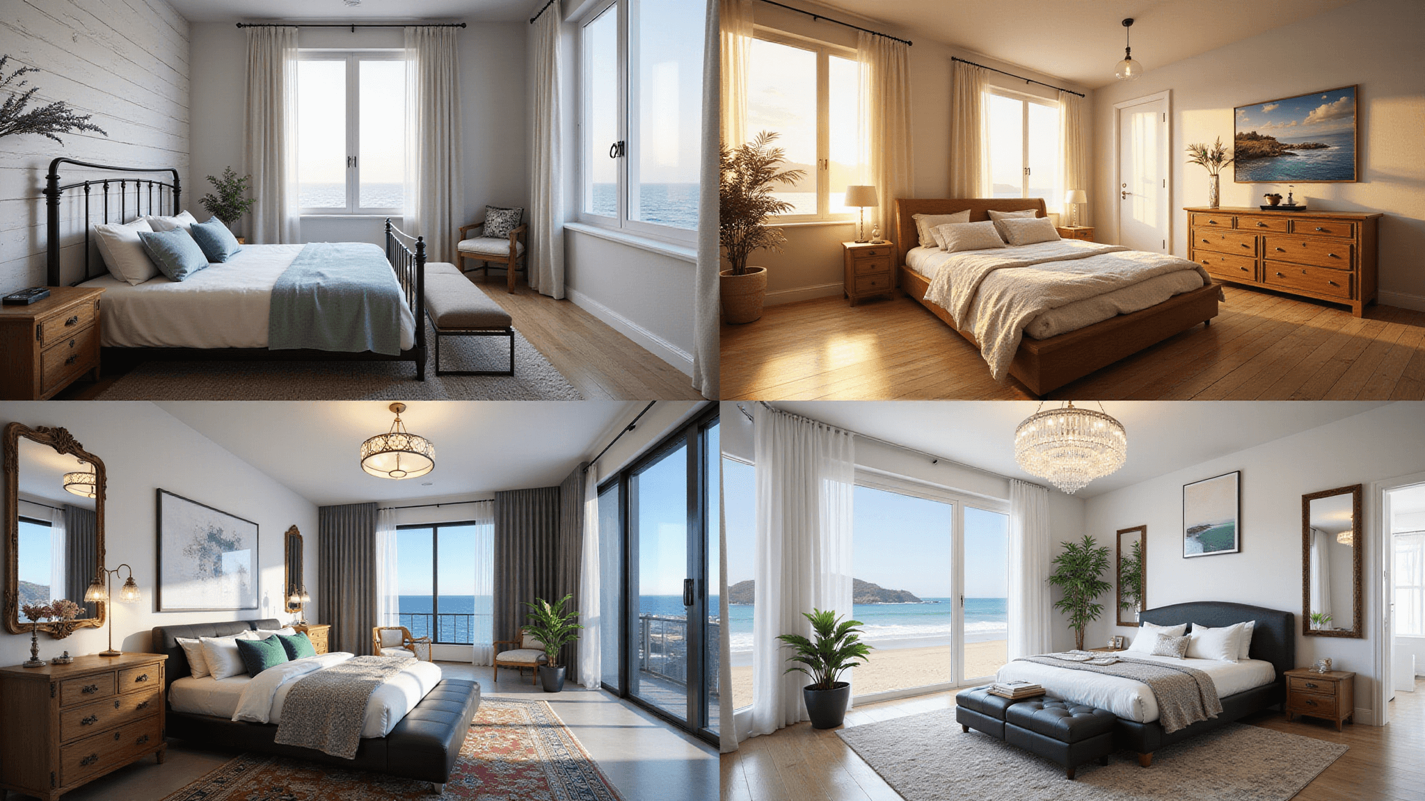 Photorealistic composite of four bedroom styles: a cottage-style room with whitewashed walls and vintage elements; a coastal-themed room with oceanic colors and large windows; a traditional luxury room featuring rich jewel tones and a crystal chandelier; and a minimalist contemporary space with a matte black bed and concrete floors.
