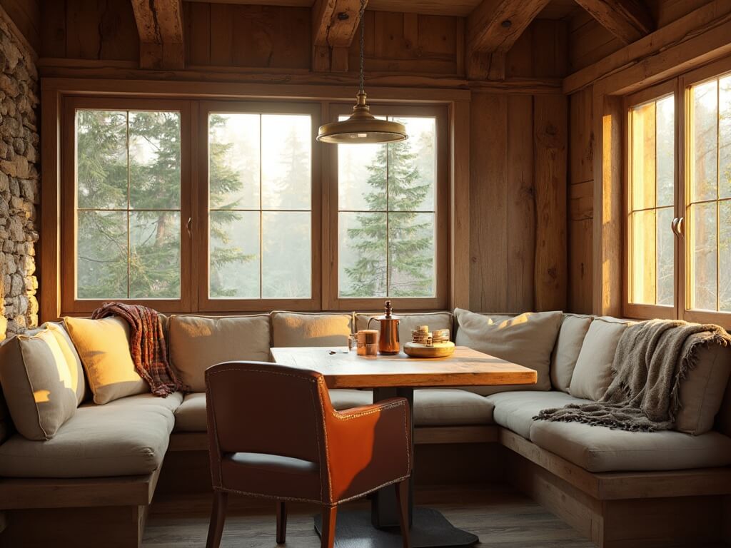 A cozy breakfast nook in a rustic cabin with early morning sunlight filtering through large windows, highlighting an L-shaped cedar bench with cream cushions, a reclaimed wood table, vintage leather chairs, and a brass pendant light; features include exposed beams, a stone wall, copper French press, plaid throws, and a view of the pine forest.