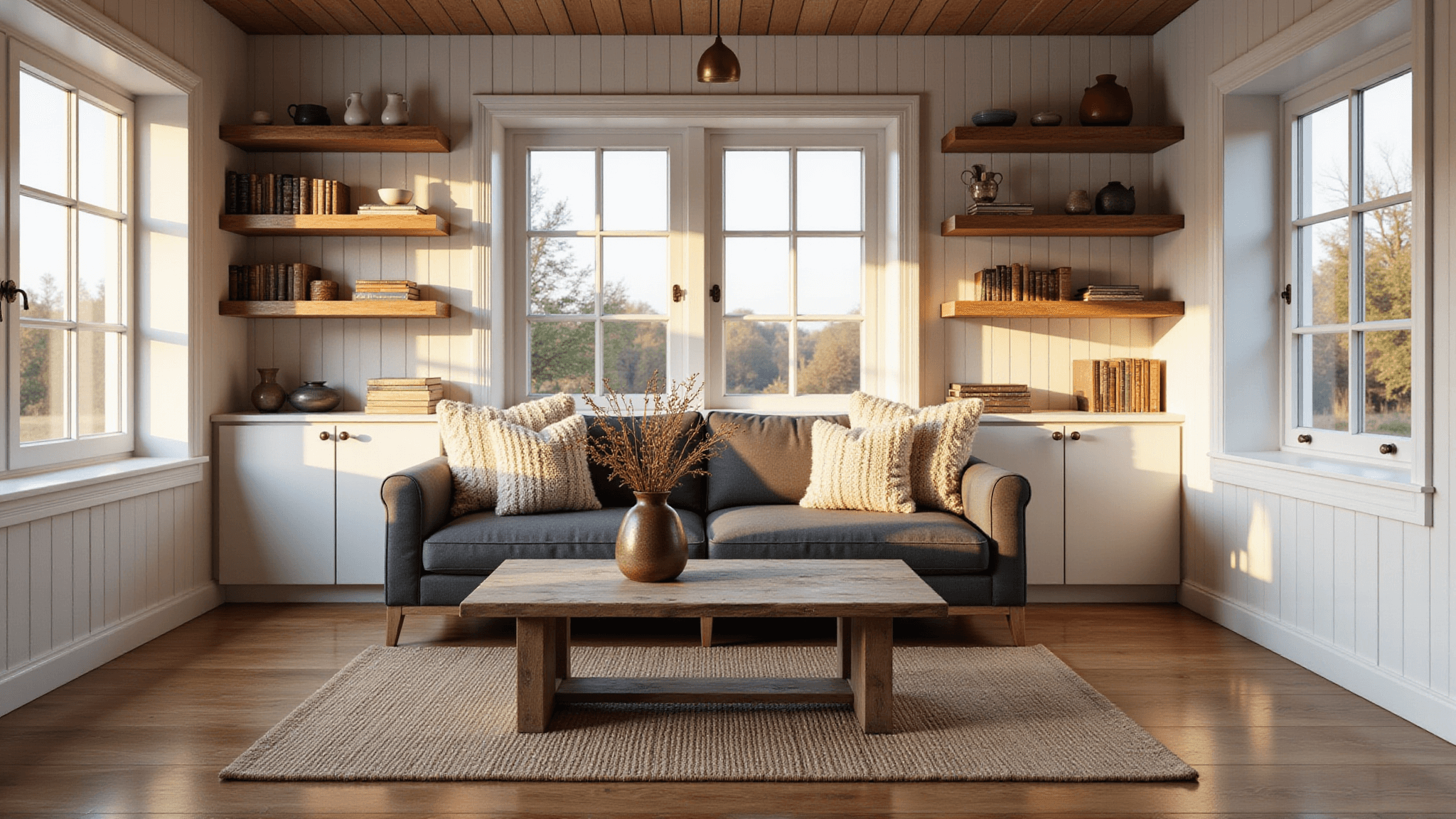 Photorealistic interior of a cozy cabin during golden hour, featuring warm sunlight on whitewashed pine walls, a gray sofa with cream and rust throws, oak shelving, a reclaimed wood coffee table with dried wildflowers, brass pendant lights, a jute rug over hardwood floors, and a Scandinavian-rustic aesthetic.