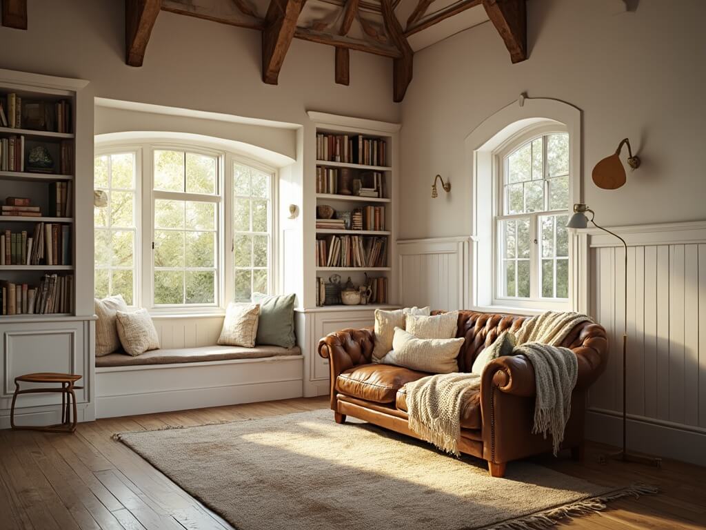 A cozy cottage living room with a high cathedral ceiling and exposed oak beams, featuring a weathered leather Chesterfield sofa with cream and sage throws, Swiss Coffee white walls with beadboard wainscoting, a built-in window seat with linen cushions, and floor-to-ceiling bookshelves filled with vintage books. Warm golden sunlight streams through mullioned windows, highlighting an antique brass lamp and distressed oak floors with a vintage wool rug, captured in photorealistic detail.