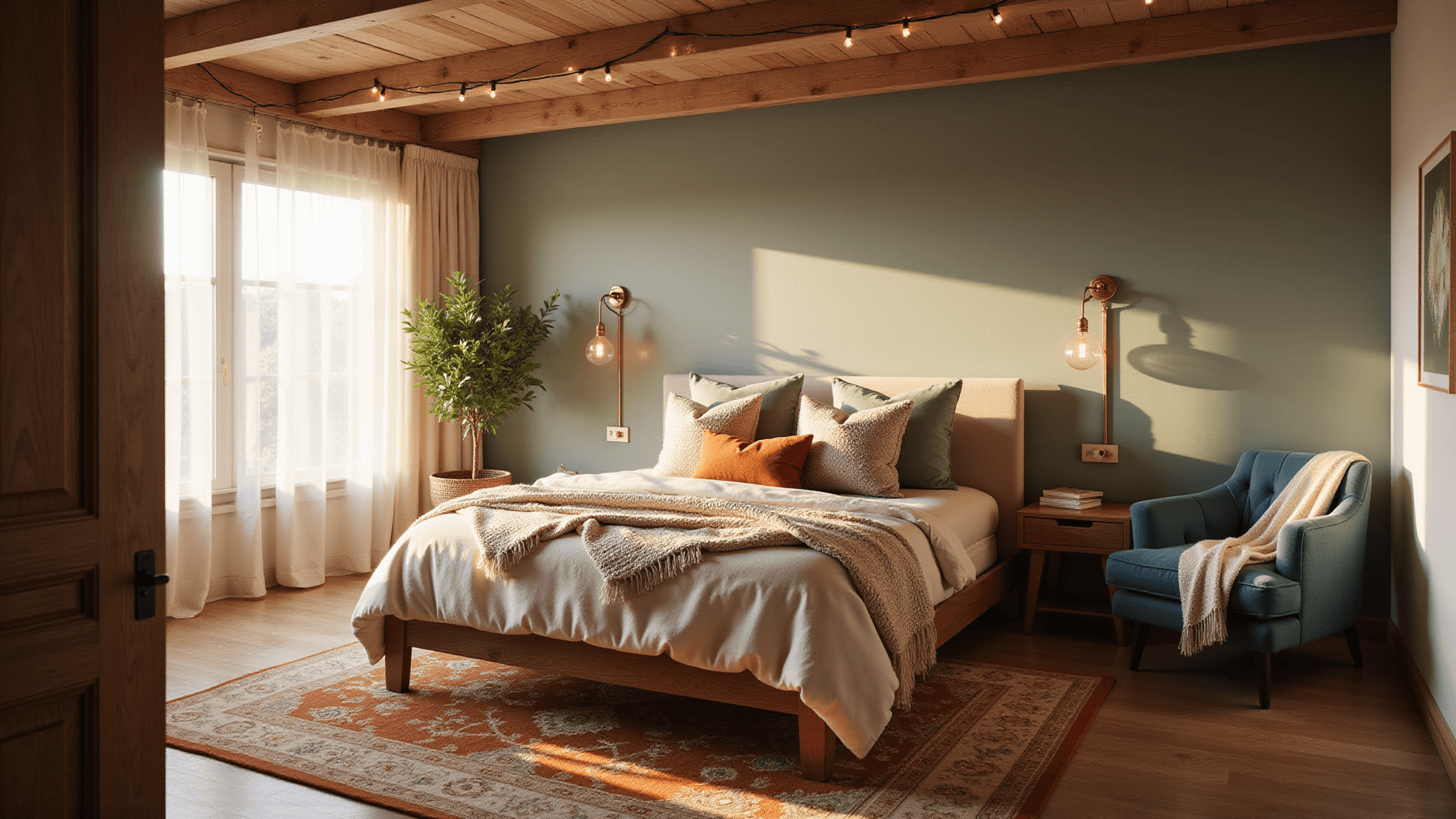 A cozy bedroom sanctuary during golden hour with warm sunlight streaming through sheer curtains, featuring a walnut platform bed with cream and oatmeal bedding, sage green accent wall, and brass sconces with Edison bulbs. A vintage Persian rug and a dusty blue velvet armchair with a throw complete the space, enhanced by a fiddle leaf fig and string lights on wooden beams.