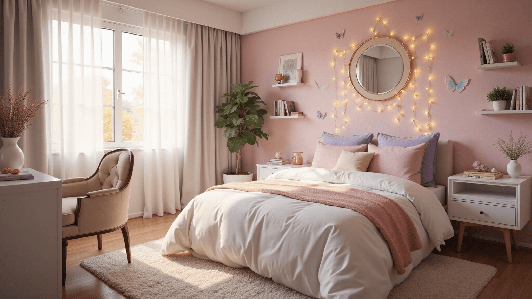 Photorealistic interior of a sunlit bedroom featuring a queen bed with cloud-like duvet and pastel pillows, surrounded by sheer curtains, string lights, and a blush pink accent wall with butterfly decals, all captured in warm pastel tones.