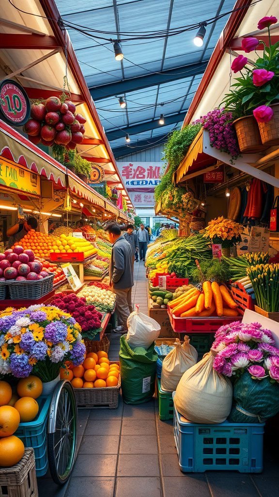 A vibrant farmers market filled with fresh fruits and vegetables, flowers, and shoppers.