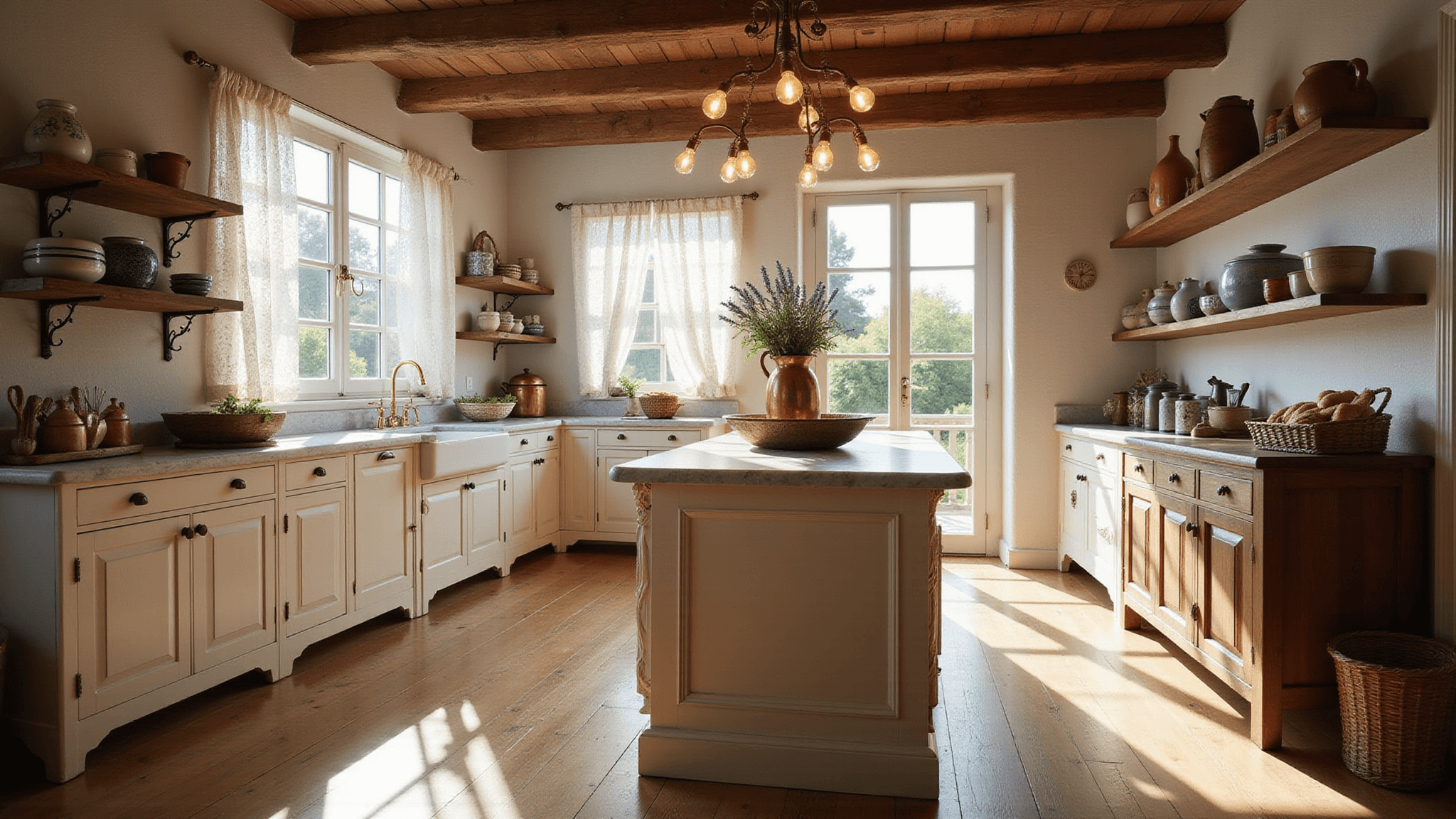 A sunlit French cottage kitchen with a farmhouse sink, open shelving with copper pots, a marble island with lavender, wrought-iron chandelier, and fresh baguettes, exuding golden hour ambiance.