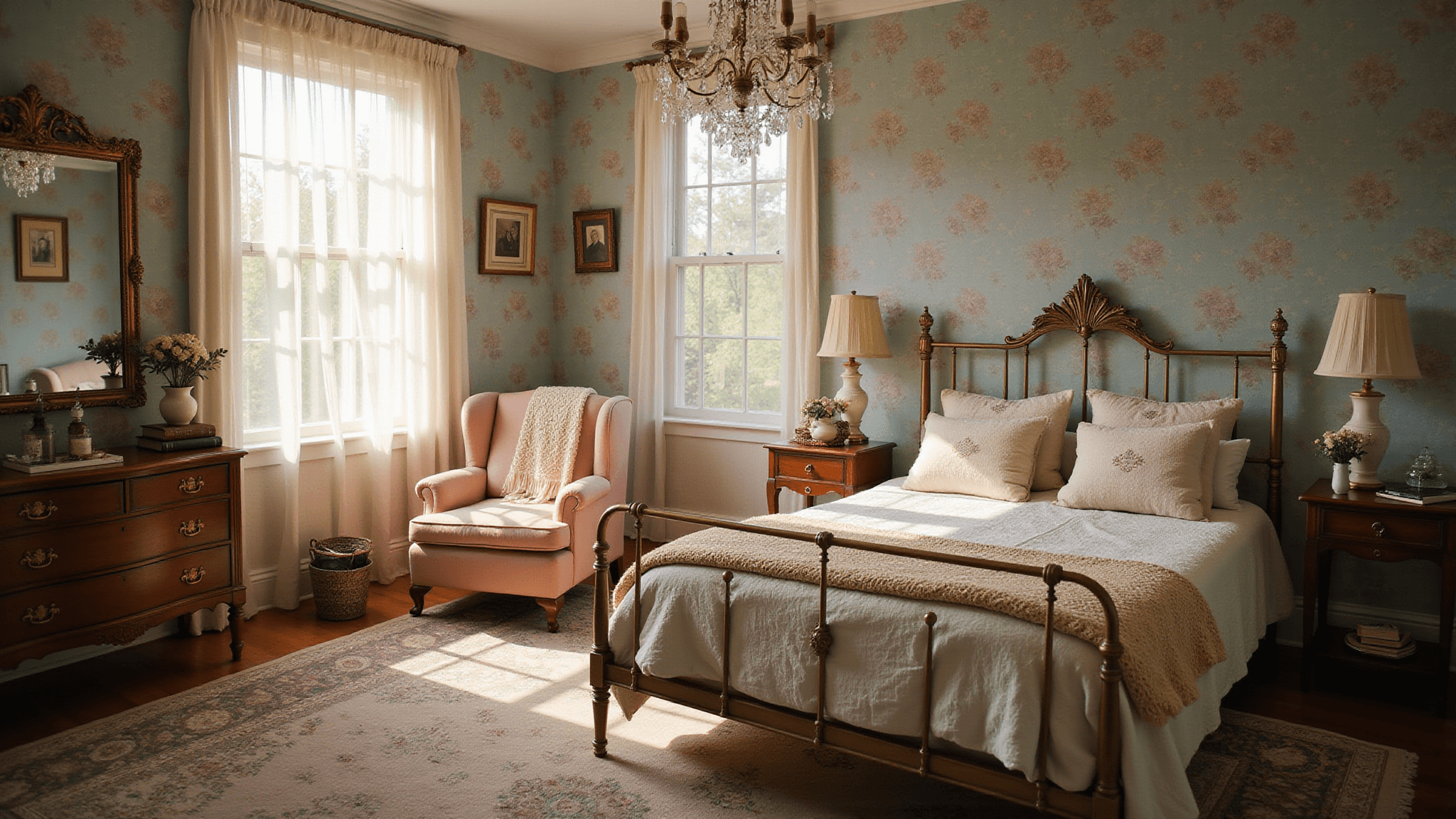 A sunlit Victorian bedroom featuring a brass-framed queen bed with vintage quilts and embroidered pillows, an ornate wooden dresser with antique glassware, a blush velvet wingback chair, and a Persian rug, all bathed in warm golden hour light.