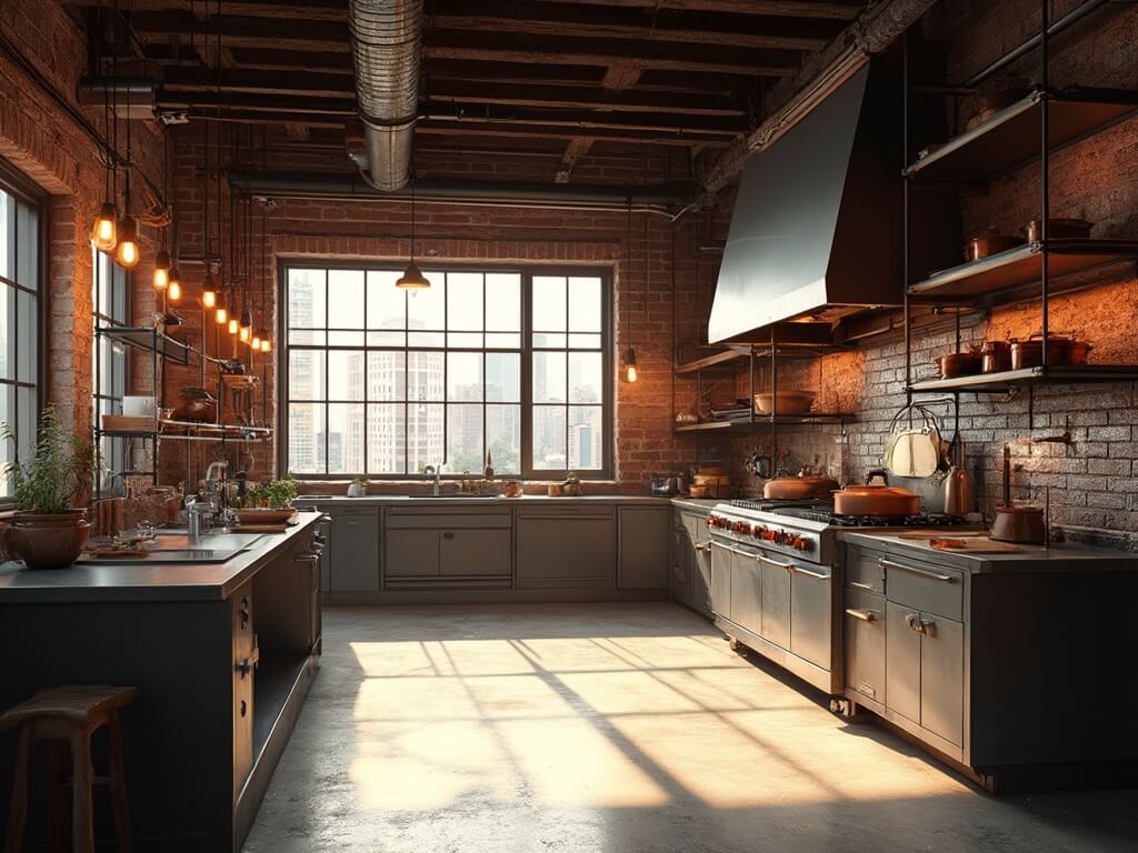A spacious industrial loft kitchen with exposed brick walls, large windows, and polished concrete floors, featuring a stainless steel island, copper cookware, and natural morning light creating dramatic shadows.