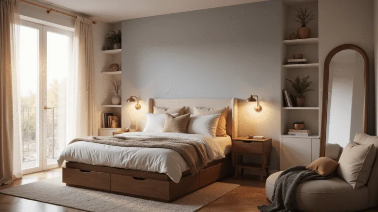 A cozy and intimate small bedroom design featuring a platform bed with layered bedding, walnut nightstands with brass sconces, and warm golden hour light streaming through sheer curtains, all complemented by a serene pale blue accent wall and textural elements like a plush rug and velvet pillows.