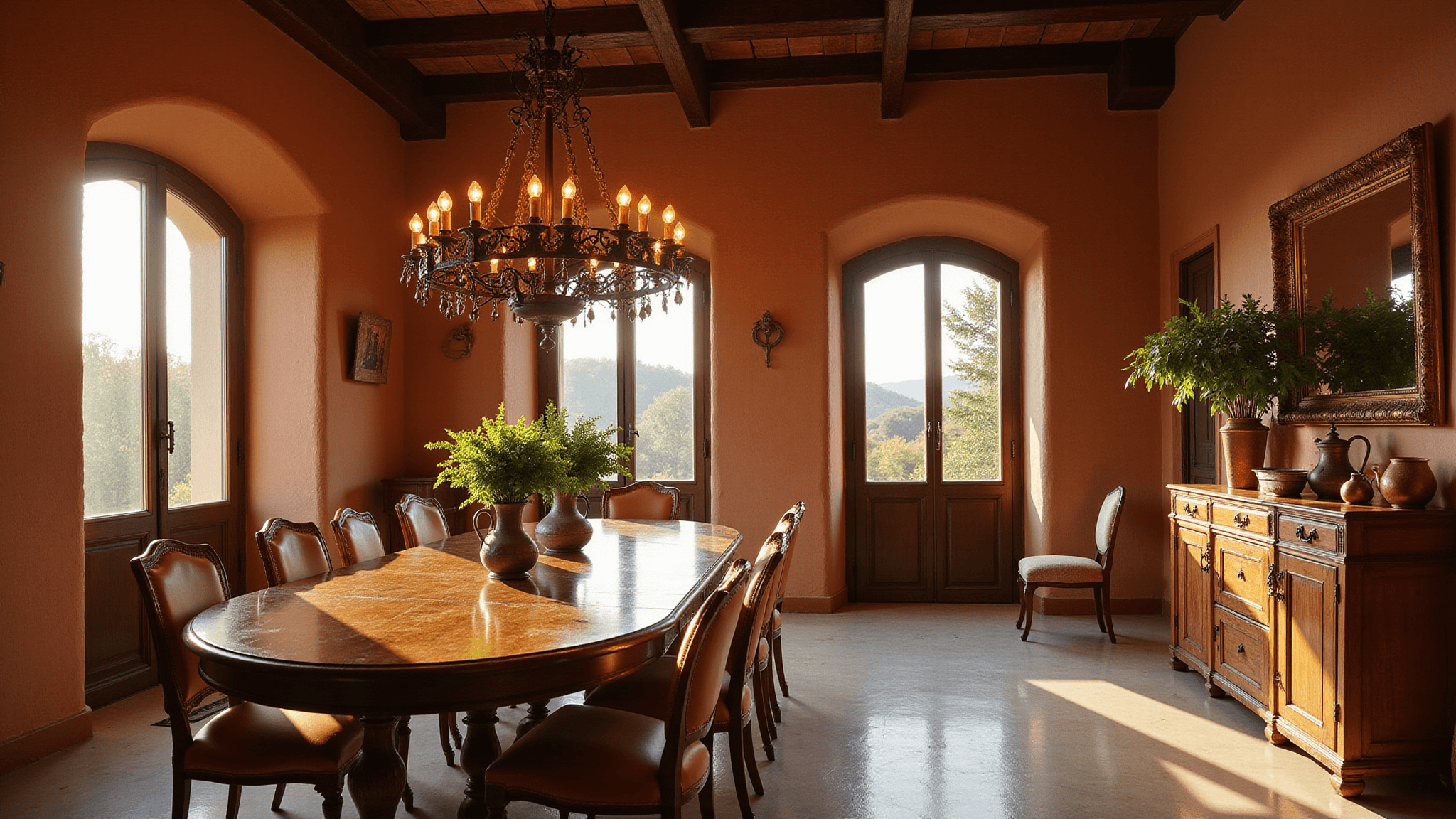 Luxurious Italian dining room at golden hour with dramatic sunlight through arched windows, featuring a walnut dining table, leather chairs, terracotta walls, wooden beams, and a wrought iron chandelier.