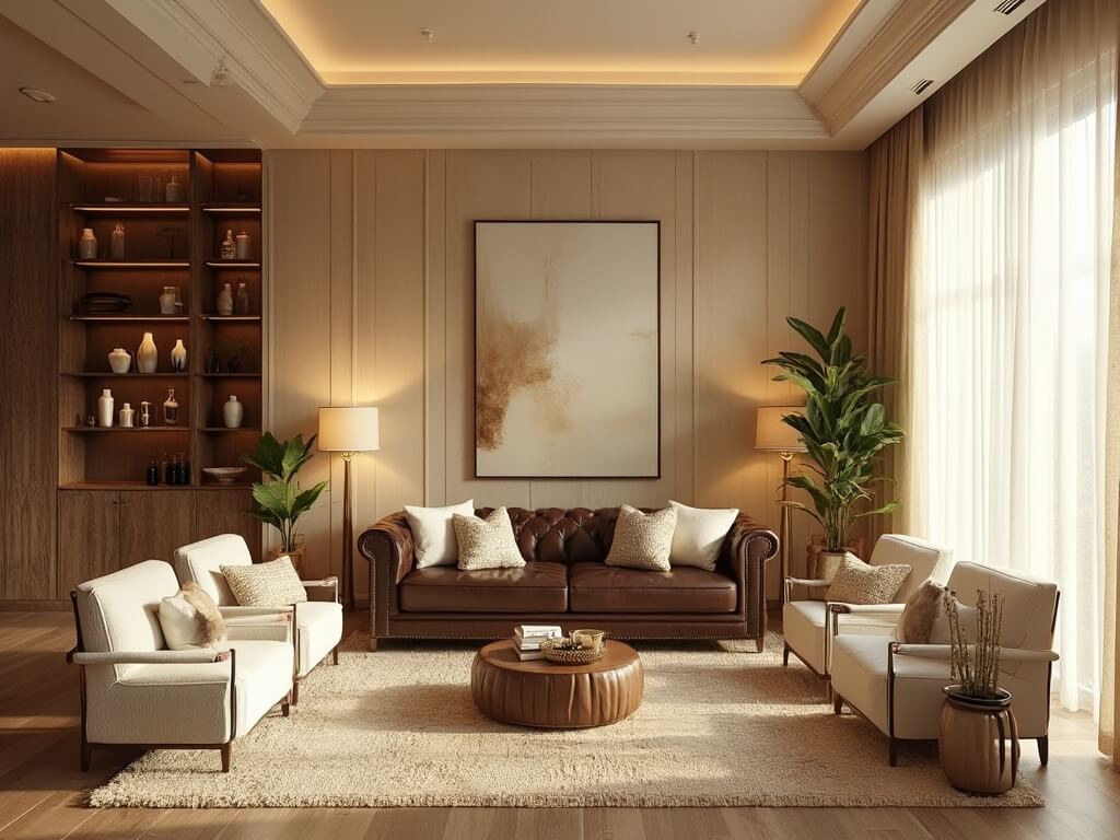 Luxury living room with a chocolate leather Chesterfield sofa, ivory bouclé armchairs, and layered cream rugs, illuminated by brass floor lamps at golden hour. The space features a 10ft tray ceiling, cream textured wallpaper, oak shelving with brass objects and pottery, and floor-to-ceiling windows with sheer curtains. Decor includes earth-toned abstract artwork, fiddle leaf fig plants, and caramel-toned throws and pillows, with ambient LED lighting.