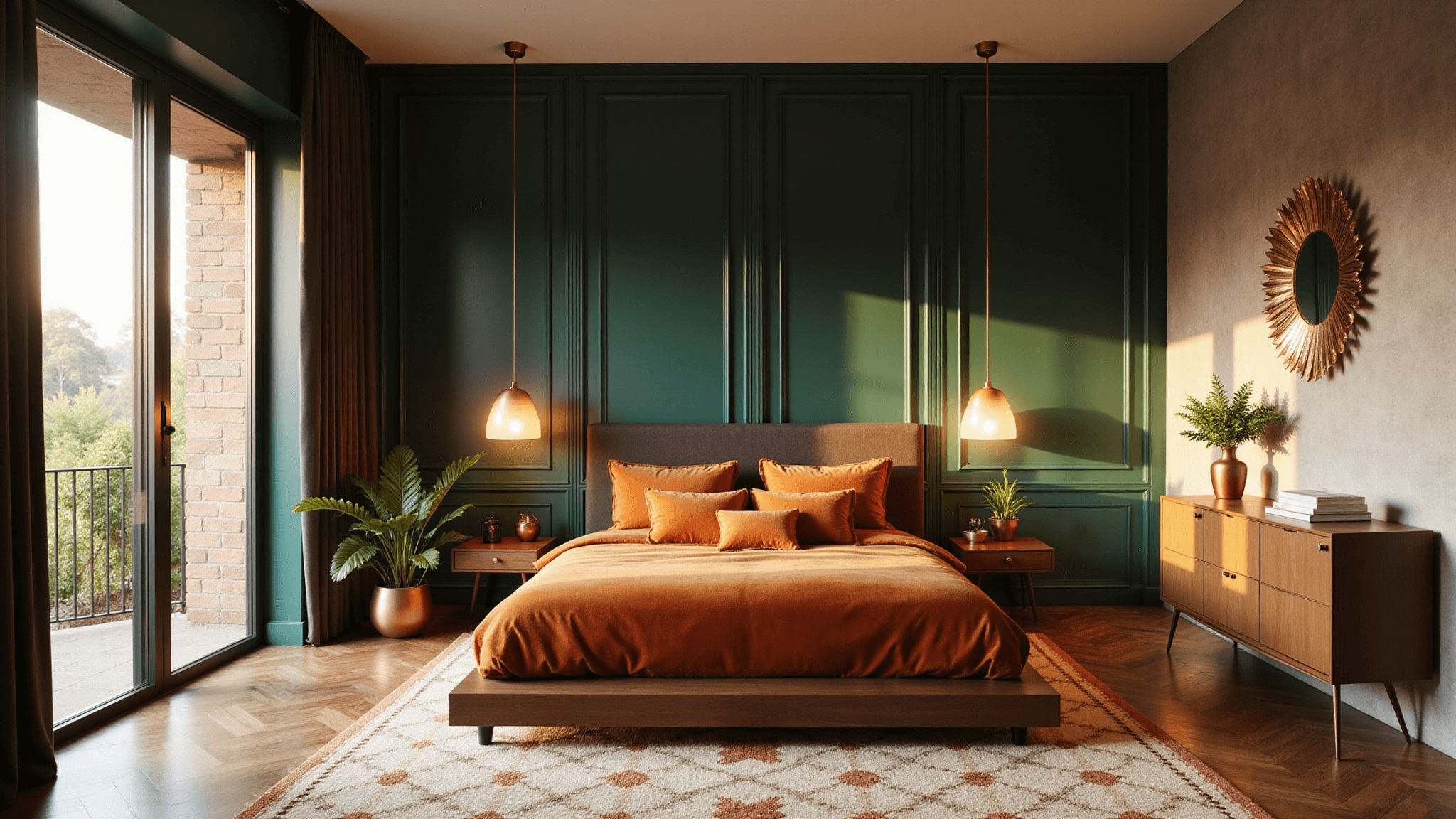 Luxurious bedroom with emerald green walls, burnt orange bedding, and brass lighting, bathed in golden hour sunlight.