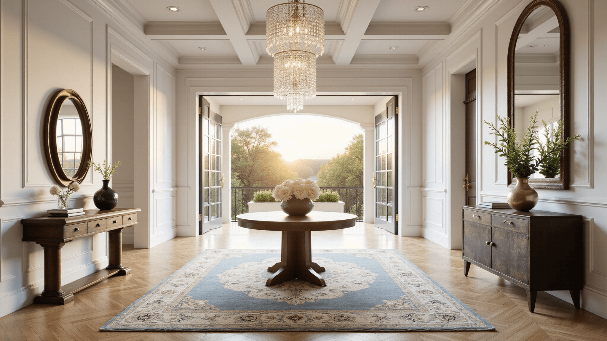 A luxurious modern foyer with a double-height entrance, crystal chandelier, mahogany round table with white peonies, herringbone oak floors with a Persian rug, floor-to-ceiling windows, and elegant decor.