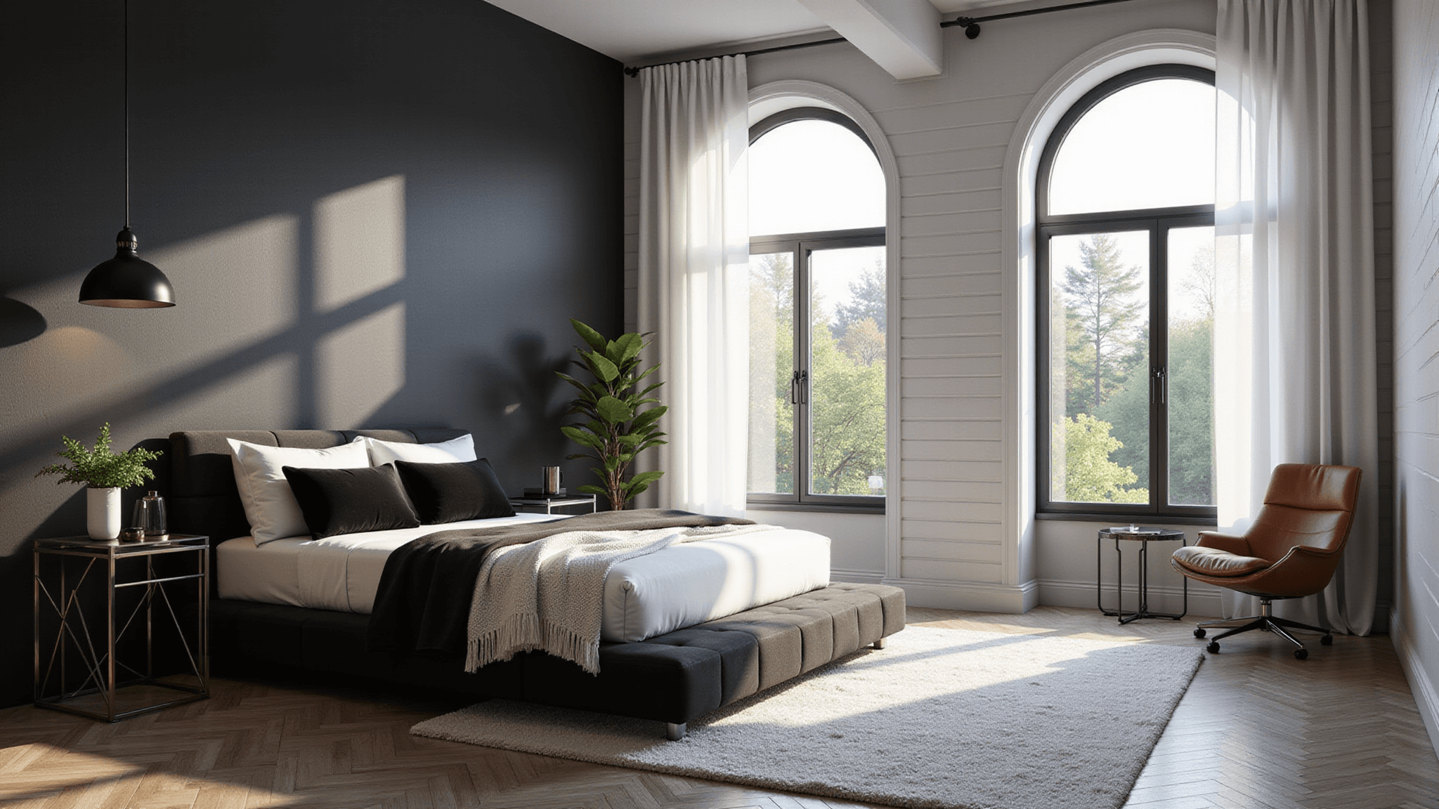 A luxurious modern monochrome bedroom featuring a black platform bed with white linens and velvety pillows, shiplap walls, and a matte black accent wall, illuminated by natural sunlight through sheer curtains, showcasing layered textures and a potted fiddle leaf fig.
