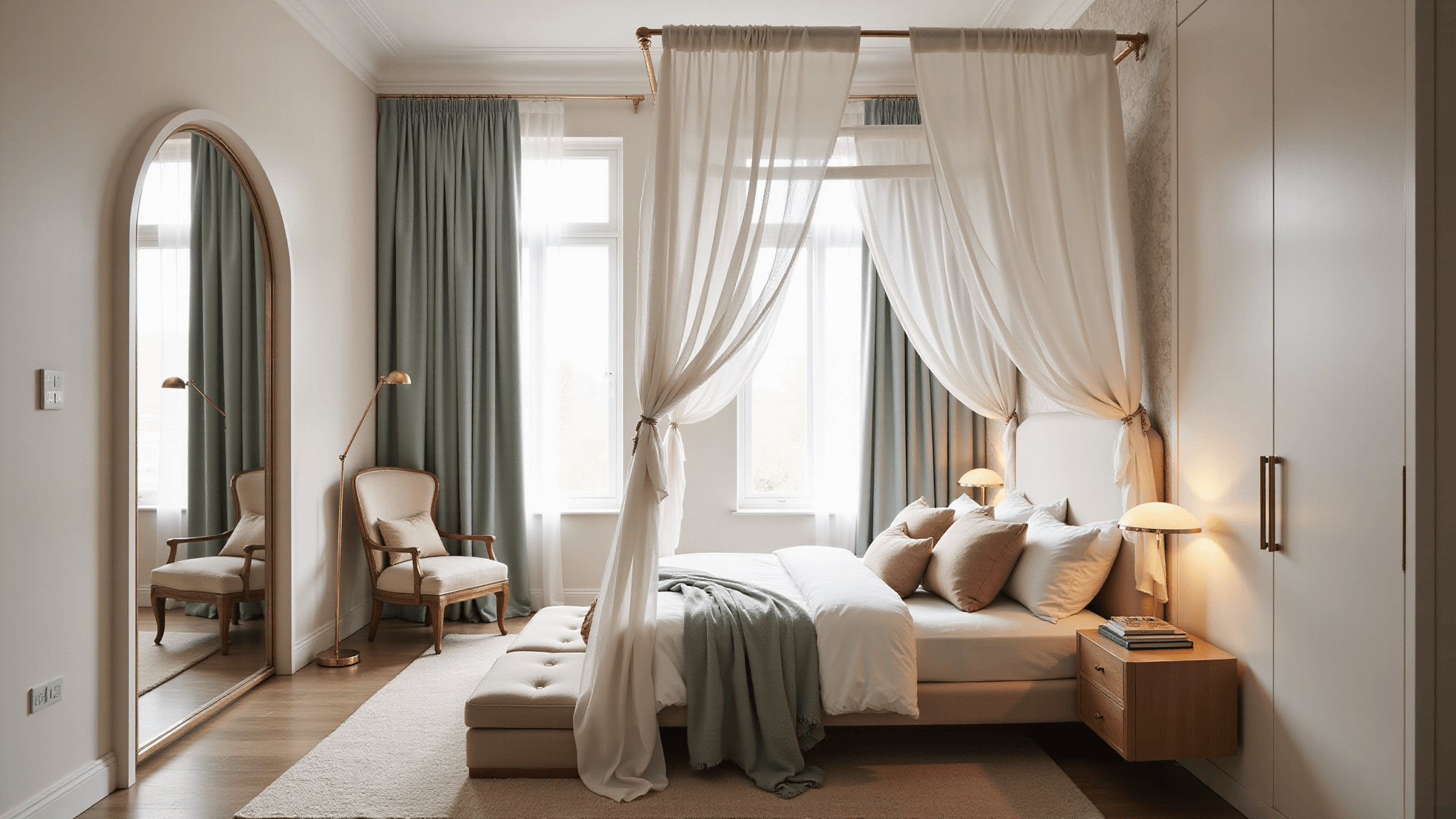 A luxurious small bedroom featuring a dramatic white canopy bed, custom storage, floating brass nightstands, and a large arched mirror, all bathed in warm morning light.