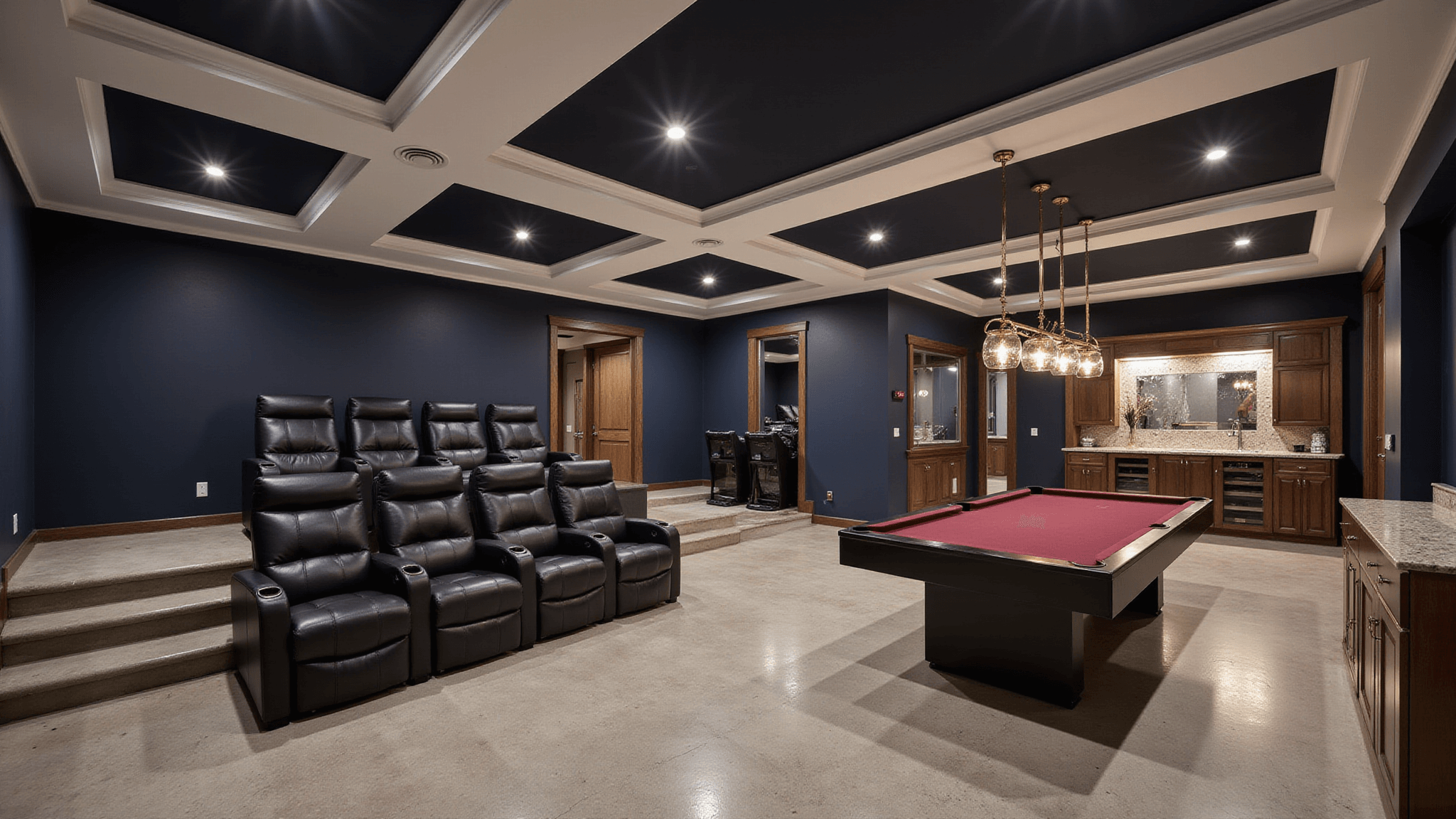 A luxurious, multi-purpose basement with dark navy walls, featuring a home theater with black recliners, a game area with a burgundy pool table and vintage arcade, and a fitness zone with mirror walls, all under elegant lighting and golden hour ambiance.