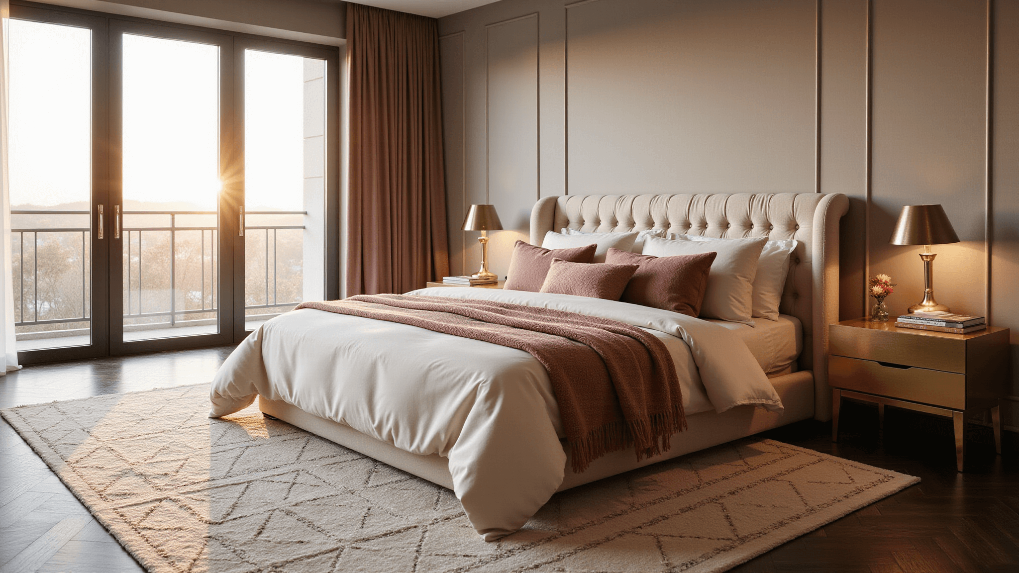 A luxurious master bedroom bathed in golden hour light, featuring a king-sized bed with a champagne tufted headboard, ivory silk sheets, and a plush blush pink duvet, complemented by modern brass nightstands and a cream Moroccan rug on dark hardwood floors.