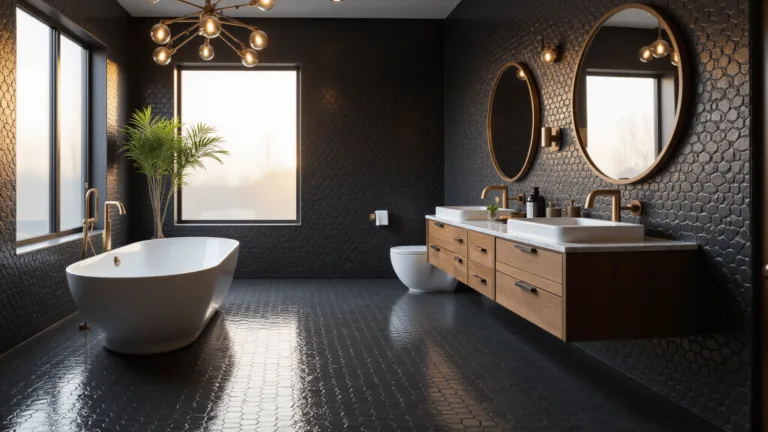 A luxurious master bathroom with dramatic black hexagonal tiles, featuring a white oval soaking tub, walnut double vanity with brass fixtures, and a modern chandelier, illuminated by golden hour light streaming through a large frosted window.