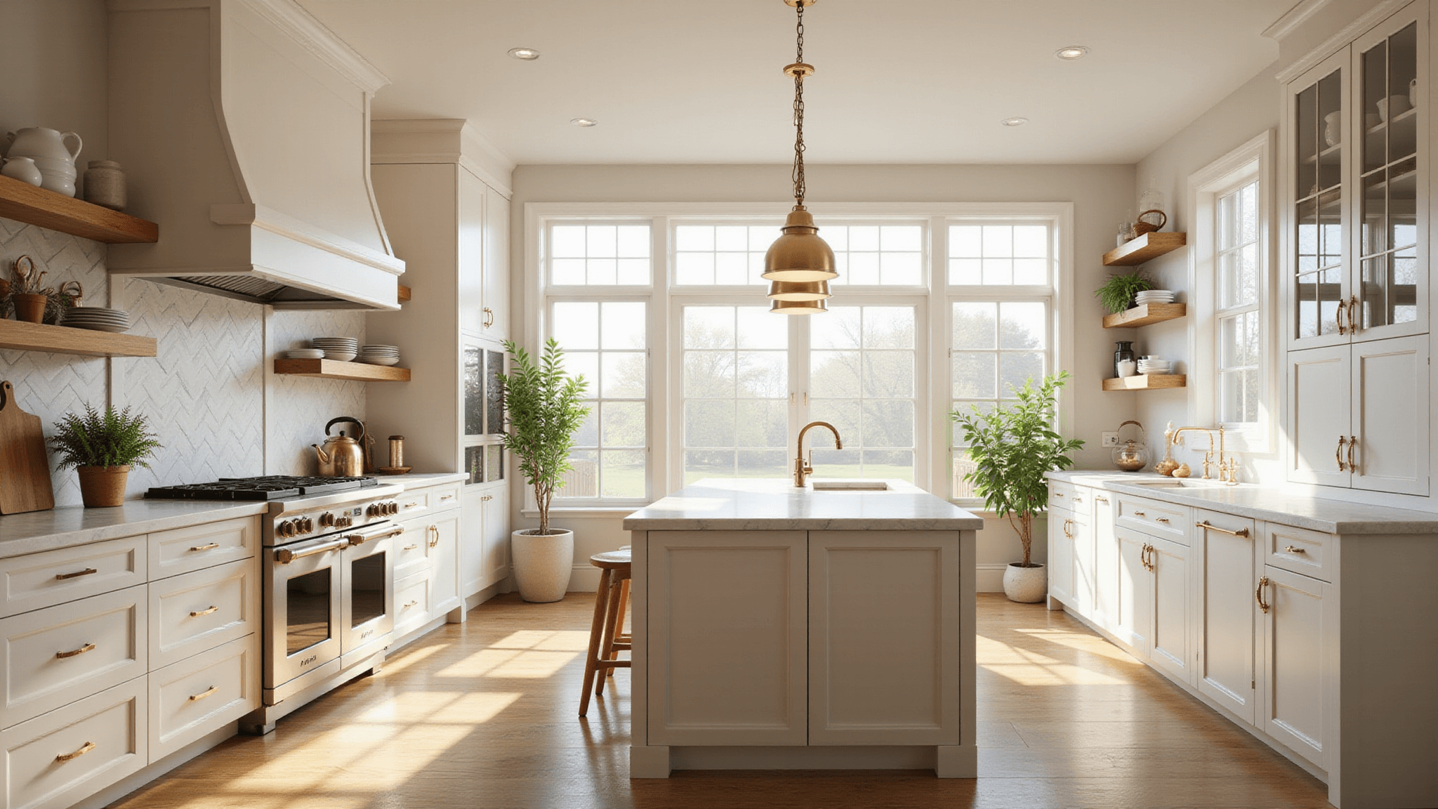 Photorealistic wide-angle view of a luxury cream kitchen with Shaker-style cabinets, white quartz waterfall island, herringbone marble backsplash, and professional stainless steel appliances, illuminated by soft morning light from floor-to-ceiling windows.