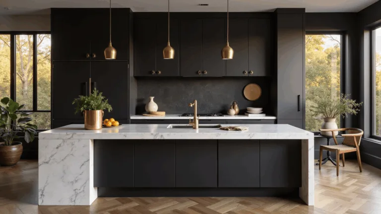 Cinematic interior of a luxury kitchen featuring matte black cabinets, Calacatta marble countertops, and brushed gold fixtures, illuminated by golden hour light through floor-to-ceiling windows, with styled vignettes of copper planters, ceramics, and citrus fruits against a herringbone floor.