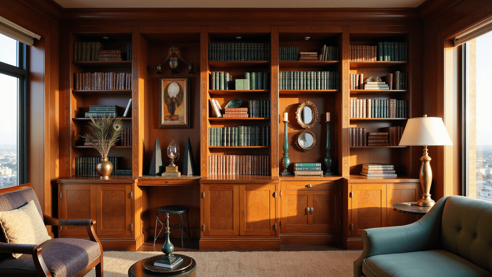 Art Deco penthouse library with walnut and brass inlay bookcase, leather-bound books, jade bookends, crystal decanters, bronze sculptures, peacock feathers, and golden hour lighting.