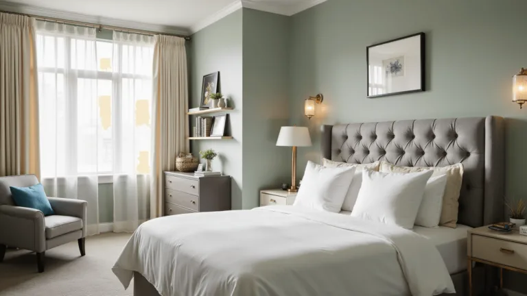 A luxurious guest bedroom softly illuminated by morning sunlight through sheer curtains, featuring a queen-sized bed with elegant bedding, a tufted grey headboard, brass-trimmed nightstand, vintage dresser, and plush decor in a sophisticated color palette.