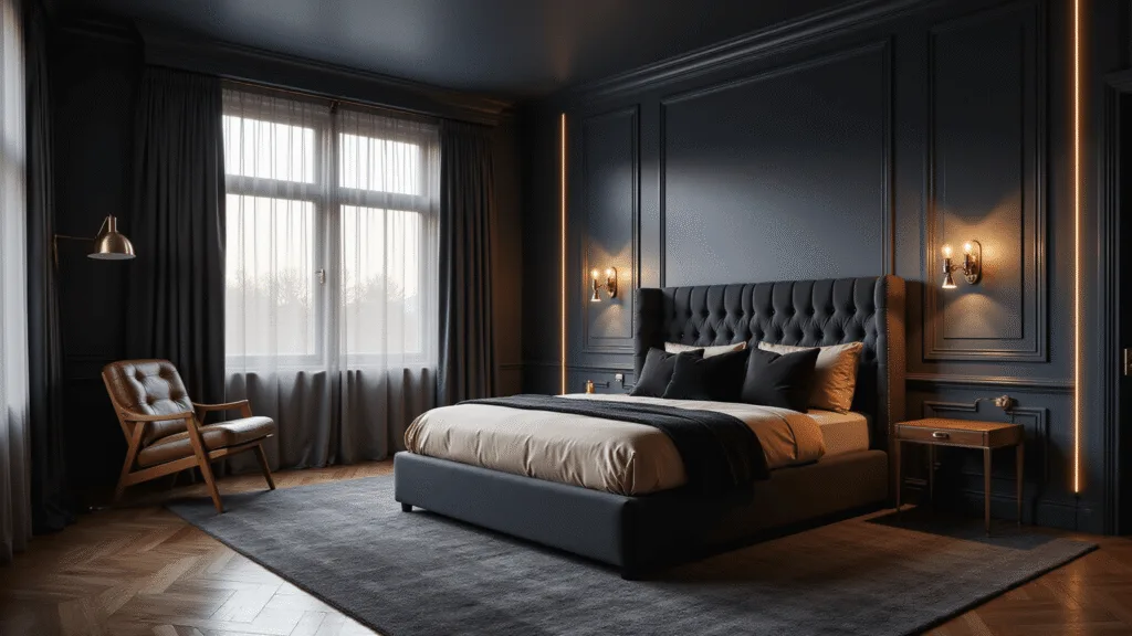 Cinematic wide-angle view of a luxurious dark bedroom featuring navy walls, a king-sized velvet tufted bed, silk bedding, ambient lighting, and rich textures, bathed in warm golden hour light.