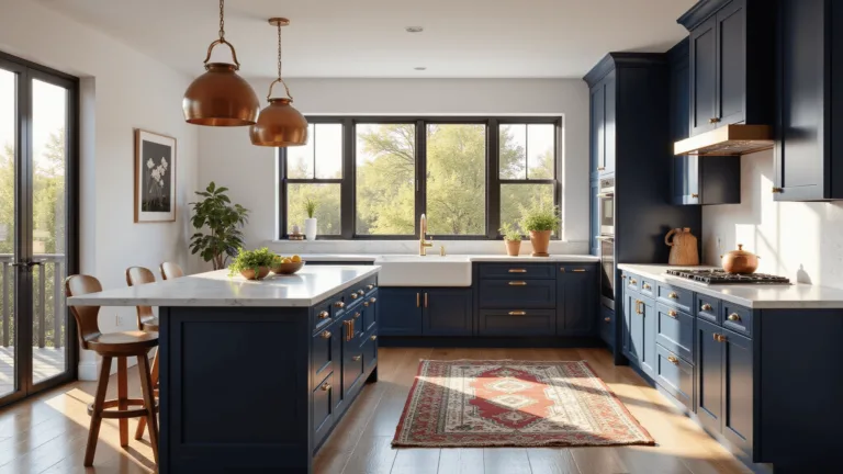 A luxurious navy blue kitchen with brass accents, quartz countertops, and Carrara marble backsplash, illuminated by golden morning light through black-framed windows, with a Persian rug on oak floors, copper pots, and terra cotta planters.