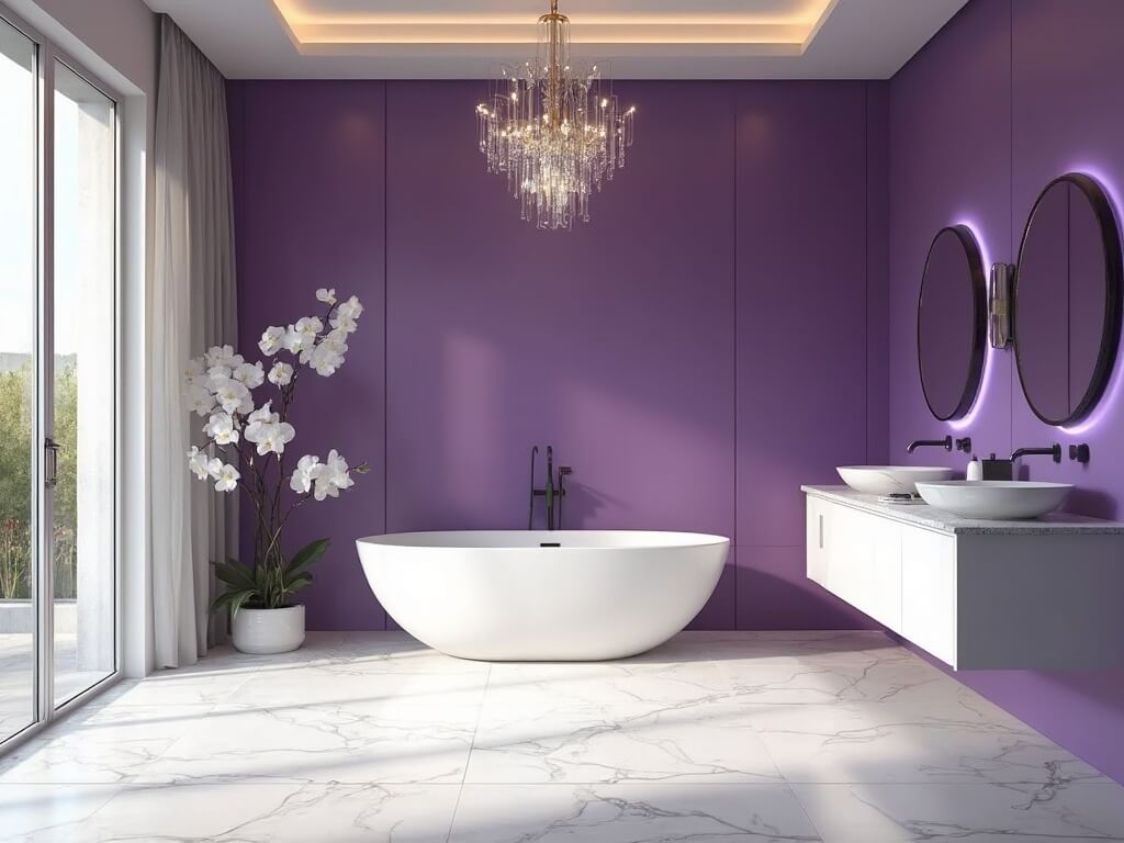 A luxurious master bathroom featuring a freestanding white porcelain tub against a Royal Purple wall, illuminated by morning sunlight through large windows, with Carrara marble hexagonal floor tiles, a modern brass chandelier, floating double vanity, and oversized round mirrors.