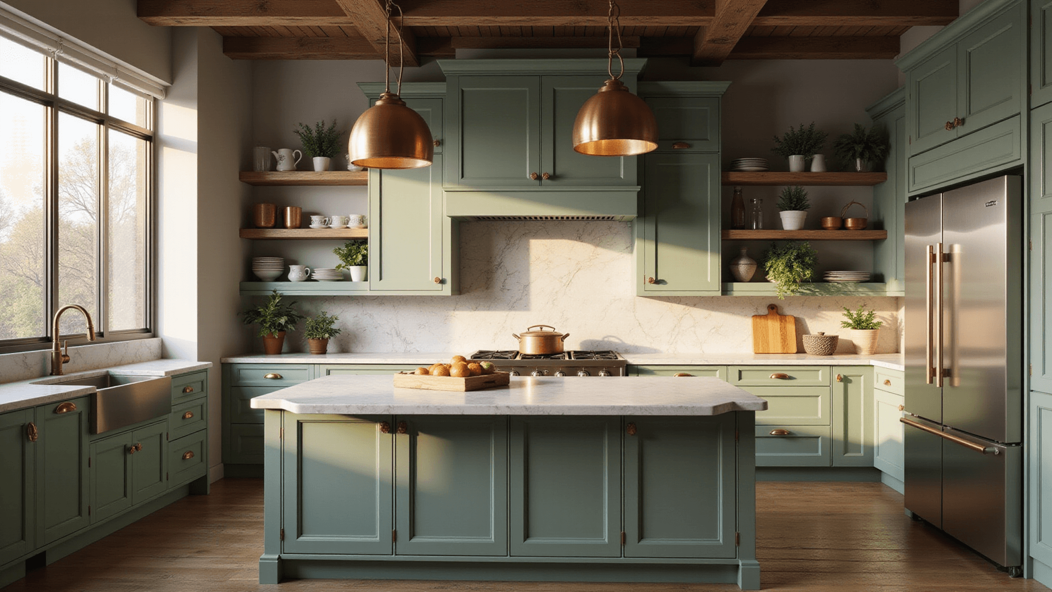 Photorealistic luxury kitchen with sage green cabinets, brass accents, white marble surfaces, and floor-to-ceiling windows casting golden light.