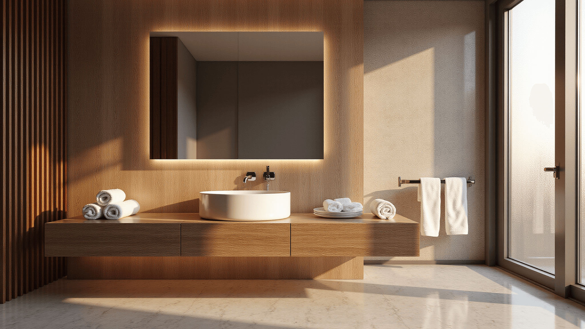 A luxury bathroom with a teak slat wall, LED lighting, white rolled towels, marble flooring, chrome fixtures, and morning light through frosted windows.